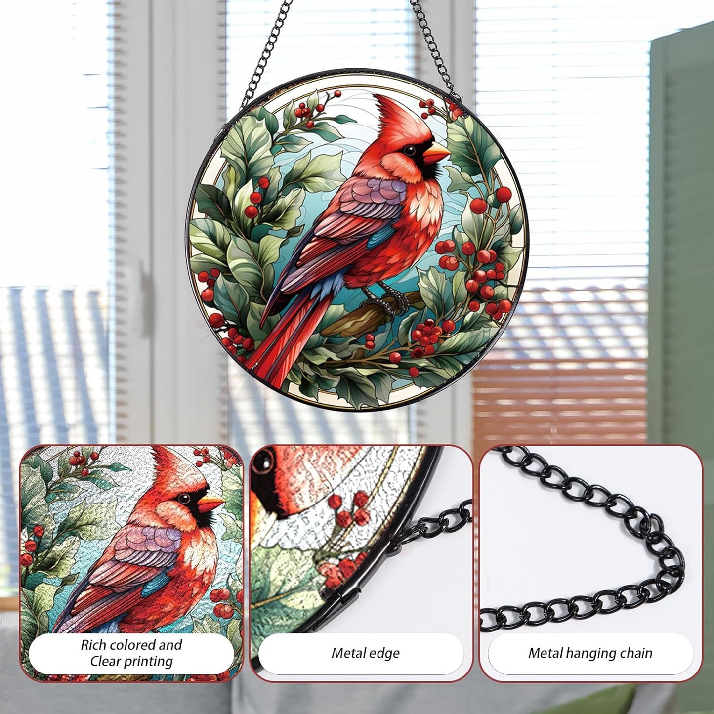 Cardinal Stained Glass Window Hanging Decor, 7.8″ Sun Catchers Stain Glass Window Hanging Indoor, Bird Suncatcher Home Wall Art Gift for Thanksgiving Christmas Housewarming