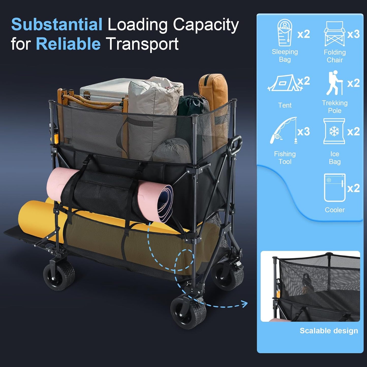 BARWING 460L Folding Large Collapsible Wagon, Heavy Duty Wagons Carts with All-Terrain Sand Wheels 600LBS,50" Extended Double-Decker Wagon with Height Extension Nets for Camping and Fishing