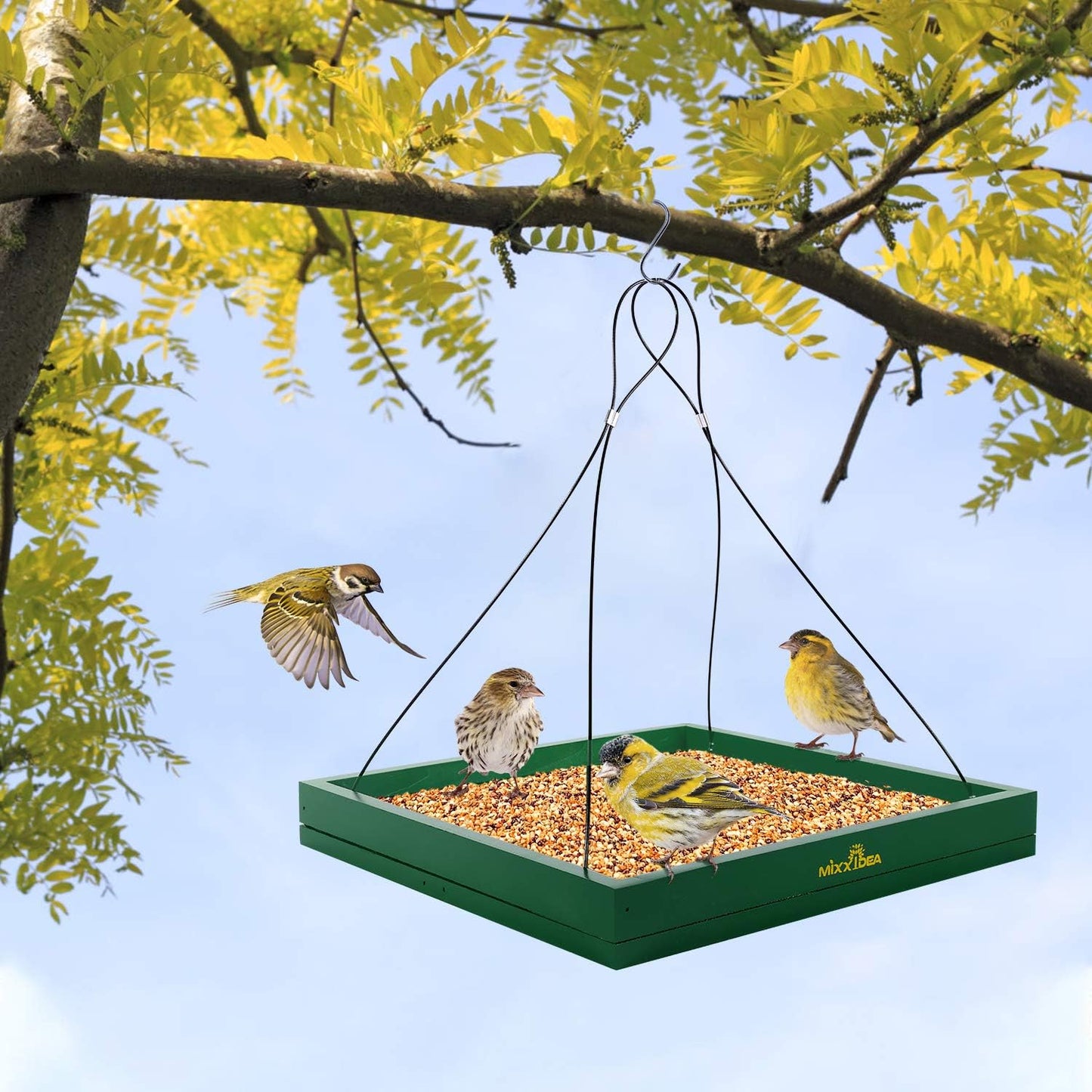 MIXXIDEA Bird Feeder Hanging Tray, Bird Feeders for Outdoors, Wooden Seed Tray Platform Mesh Seed Platform for Garden Yard Outside Decoration Attracting for Wild Birds (Green-1pk)