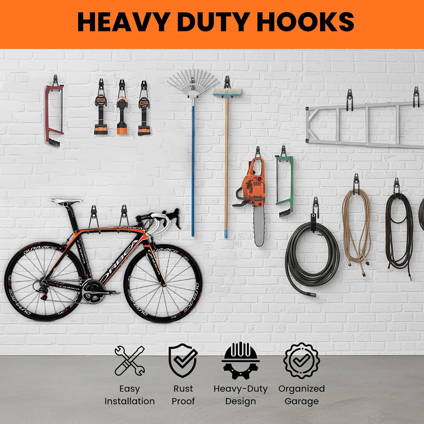 Pack 13 Garage Hooks Heavy Duty | Multi-Sized Wall-Mounted Tool Hangers with Anti-Rust PVC Coating | Heavy Duty Wall Hooks for Bikes, Ladders, Garden Tools, and More