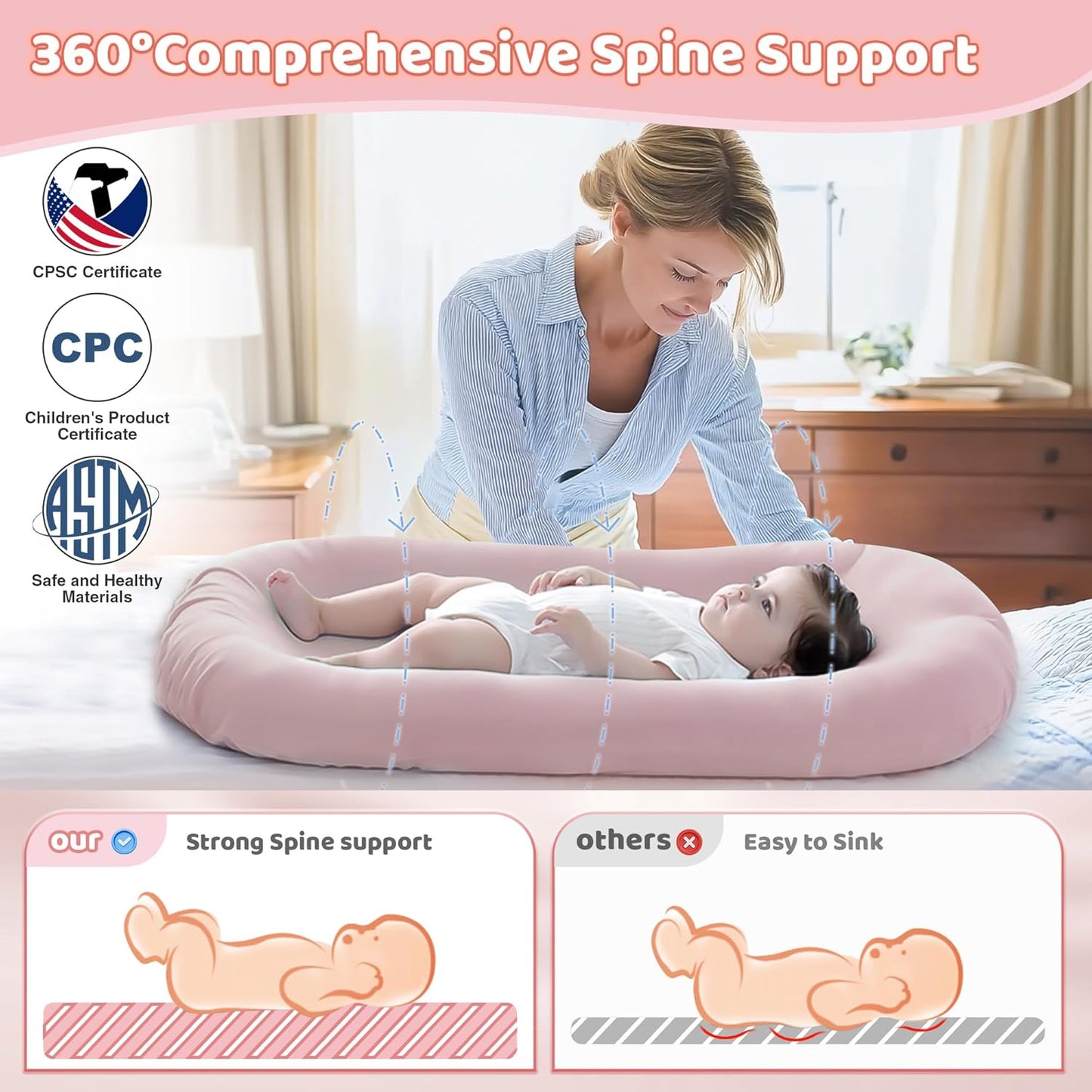 Infant Support Cushion - Baby Support Cushion for Newborn, 0-24 Months, Portable Tummy Time Mat for Home and Travel, Soft Cotton, Supervised Use, Baby Essentials Gift, Pink (Cover Included)