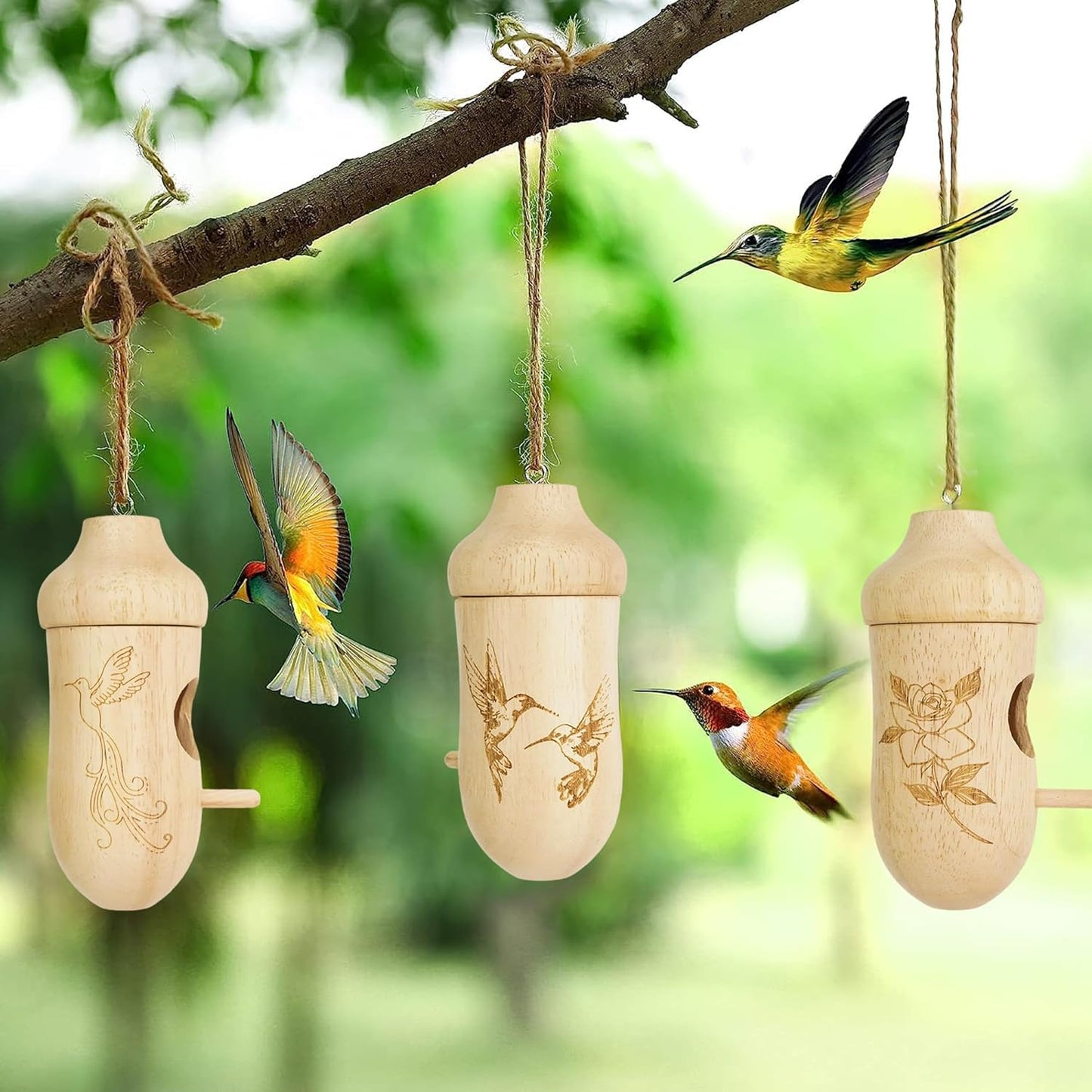 Thread Detachable Hummingbird Houses，Natural Wooden Hummingbird Houses for Outside Hanging，Premium Bird Houses for Garden Window Outdoor Home,3 Packs，A