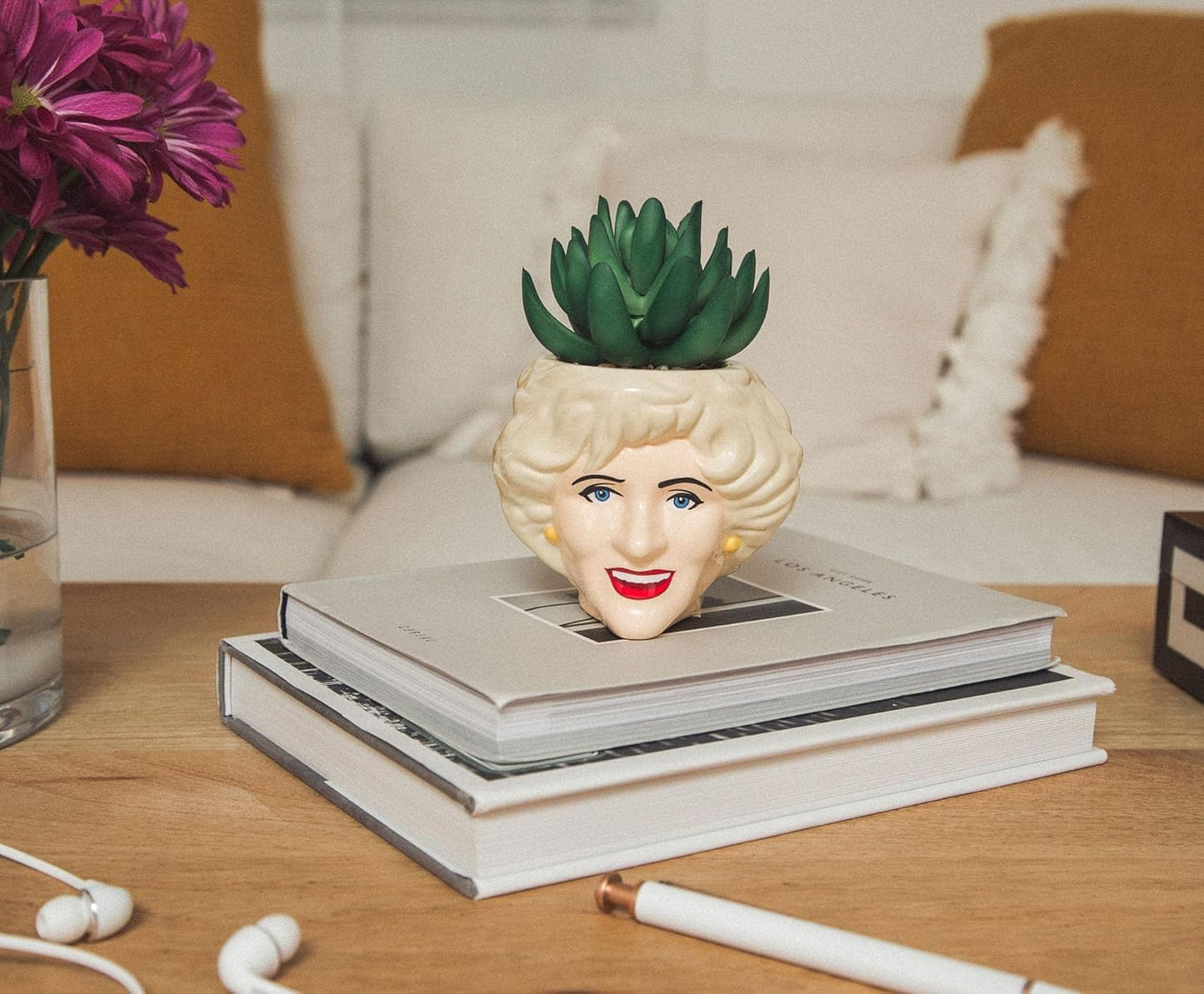 Toynk The Golden Girls Rose 3-Inch Ceramic Mini Planter with Artificial Succulent | Cute Small Flower Pot, Faux Indoor Plants