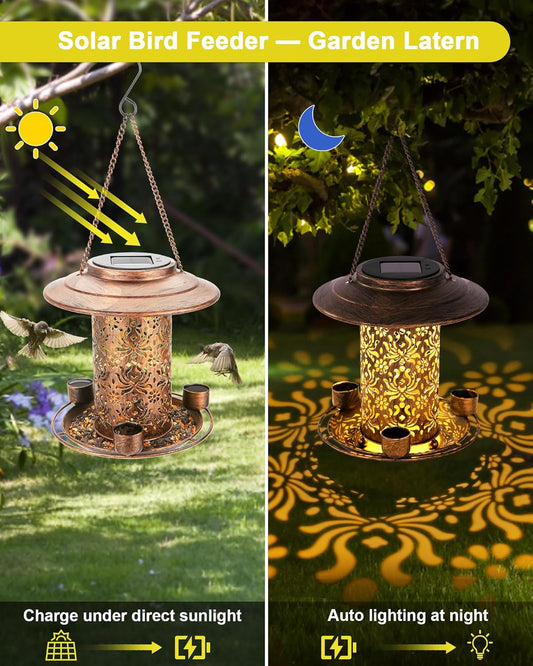 Solar Bird Feeders for Outdoors, Metal Hanging Bird Feeder with 3 Wate