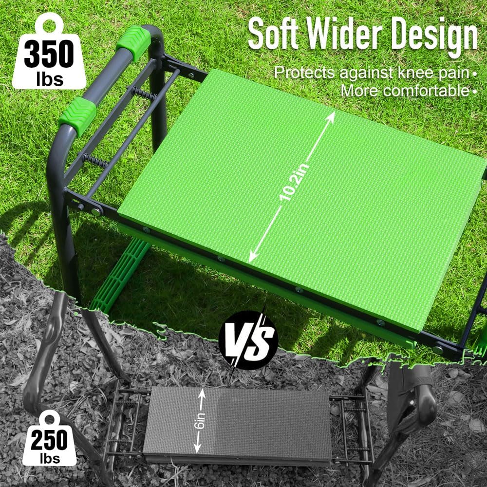 Garden Kneeler and Seat Heavy Duty with 10.2” Wider Soft Pad, Portable Folding Stool for Gardening with Extra Hand Pruner, Sturdy Garden Kneeling Bench for Senior Help Stand, Green