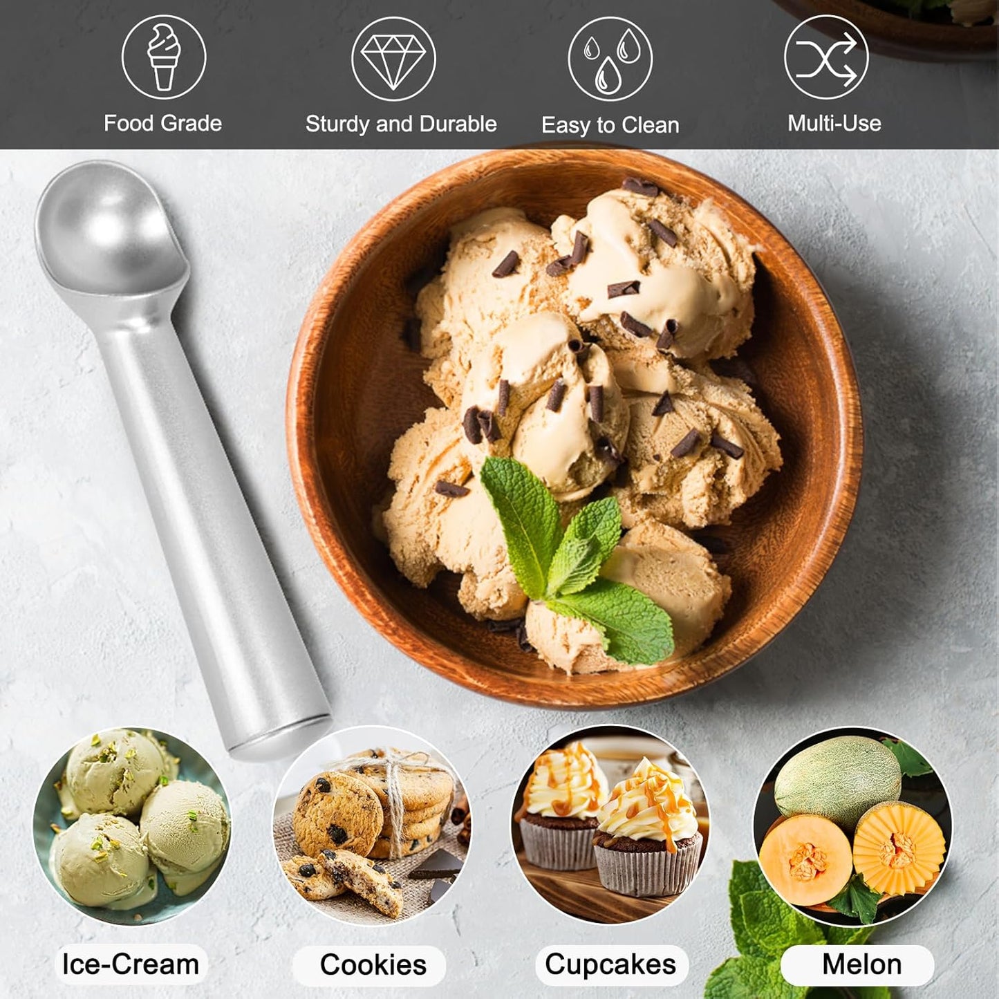 7 inch Ice Cream Scoop - One-Piece Nonstick Aluminum Ice Cream Scooper - Professional Metal Ice Cream Spoon - Durable, Easy to Use & Clean - Lightweight Cookie Spoon - Scoop Ice Cream (Sliver)