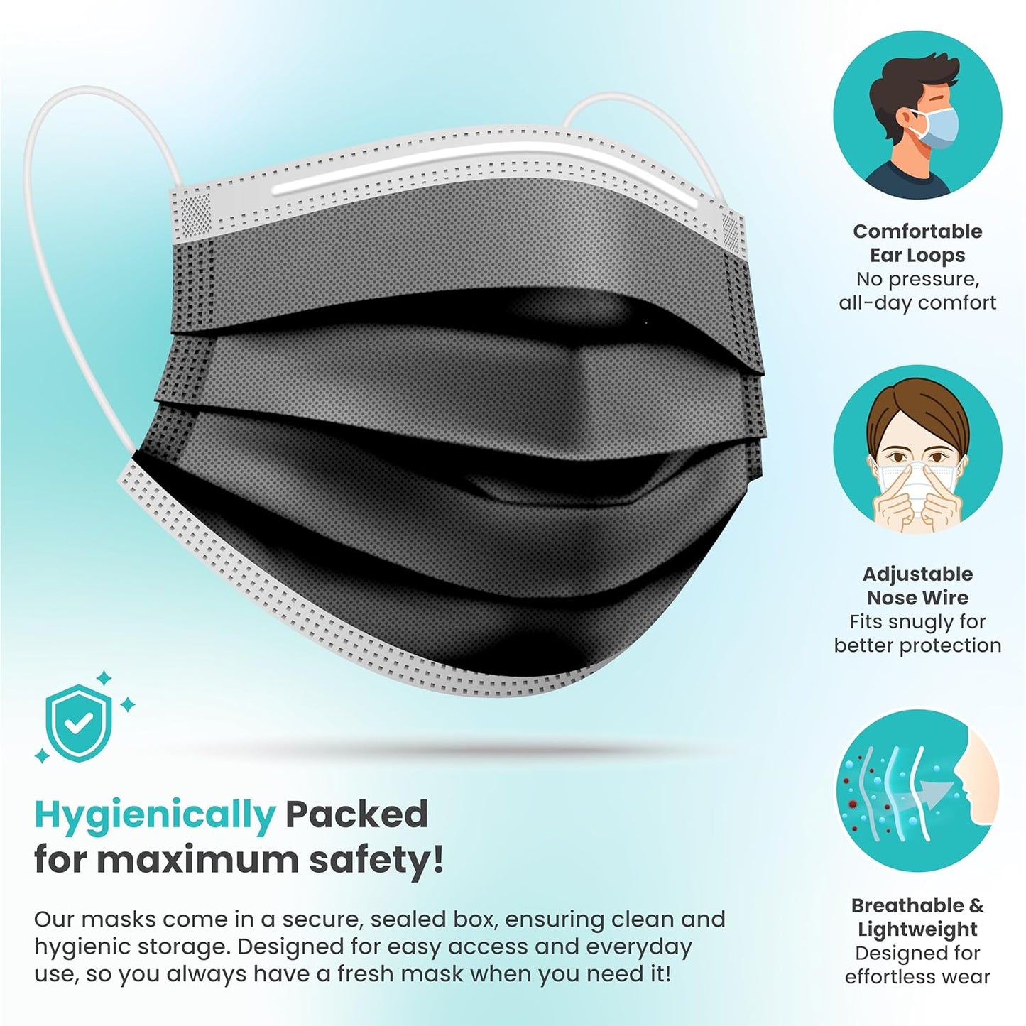 [Pack Of 150] Black Disposable Face Mask, 3-Ply Adult Masks, Facial Co