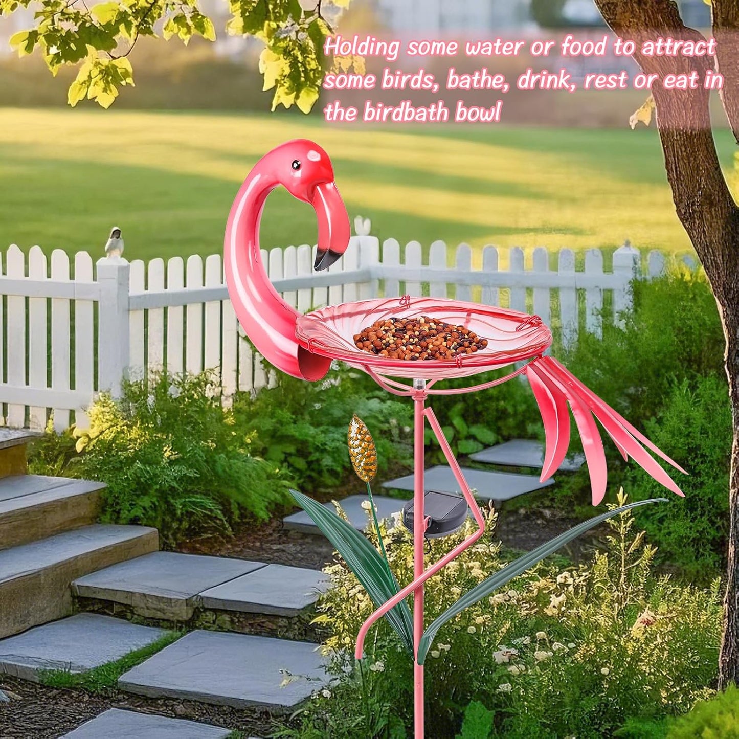 MUMTOP Flamingo Bird Bath with Solar Lights, Glass Birdbaths Birdfeeder Bowl with Metal Stake and Flamingo Decorations for Outside Garden Yard Lawn Outdoor