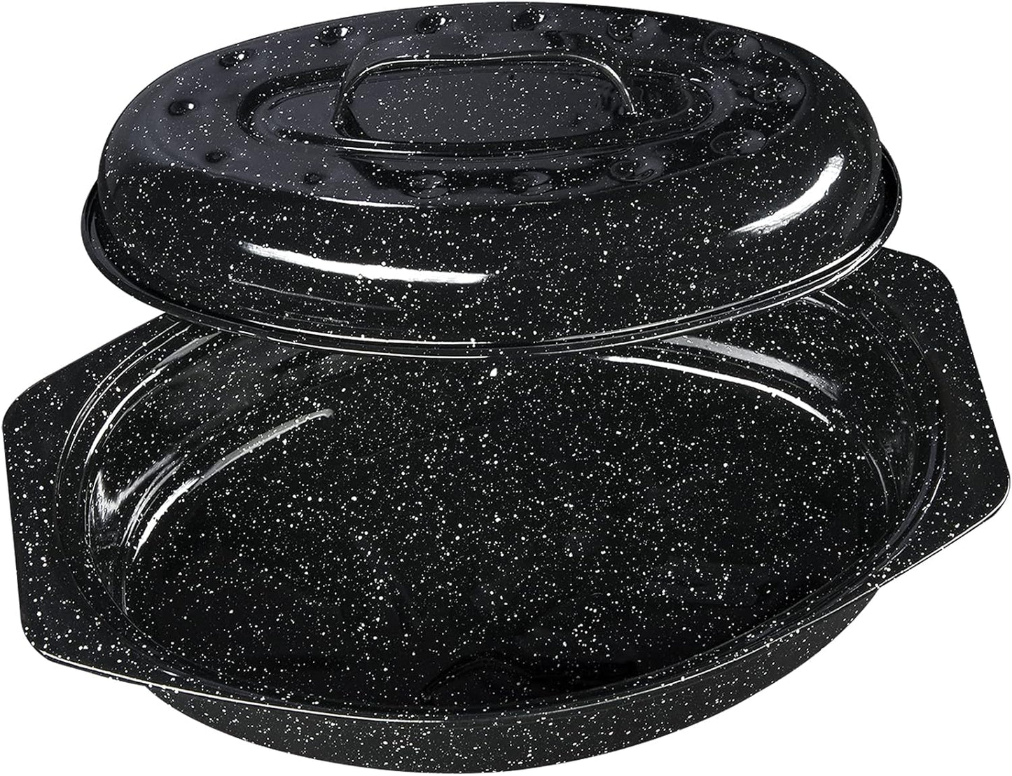 Granite Ware 13-inch oval roaster with Lid. Enameled steel design to accommodate up to 7 lb poultry/roast. Resists up to 932°F. Ideal for preparing meals for two!