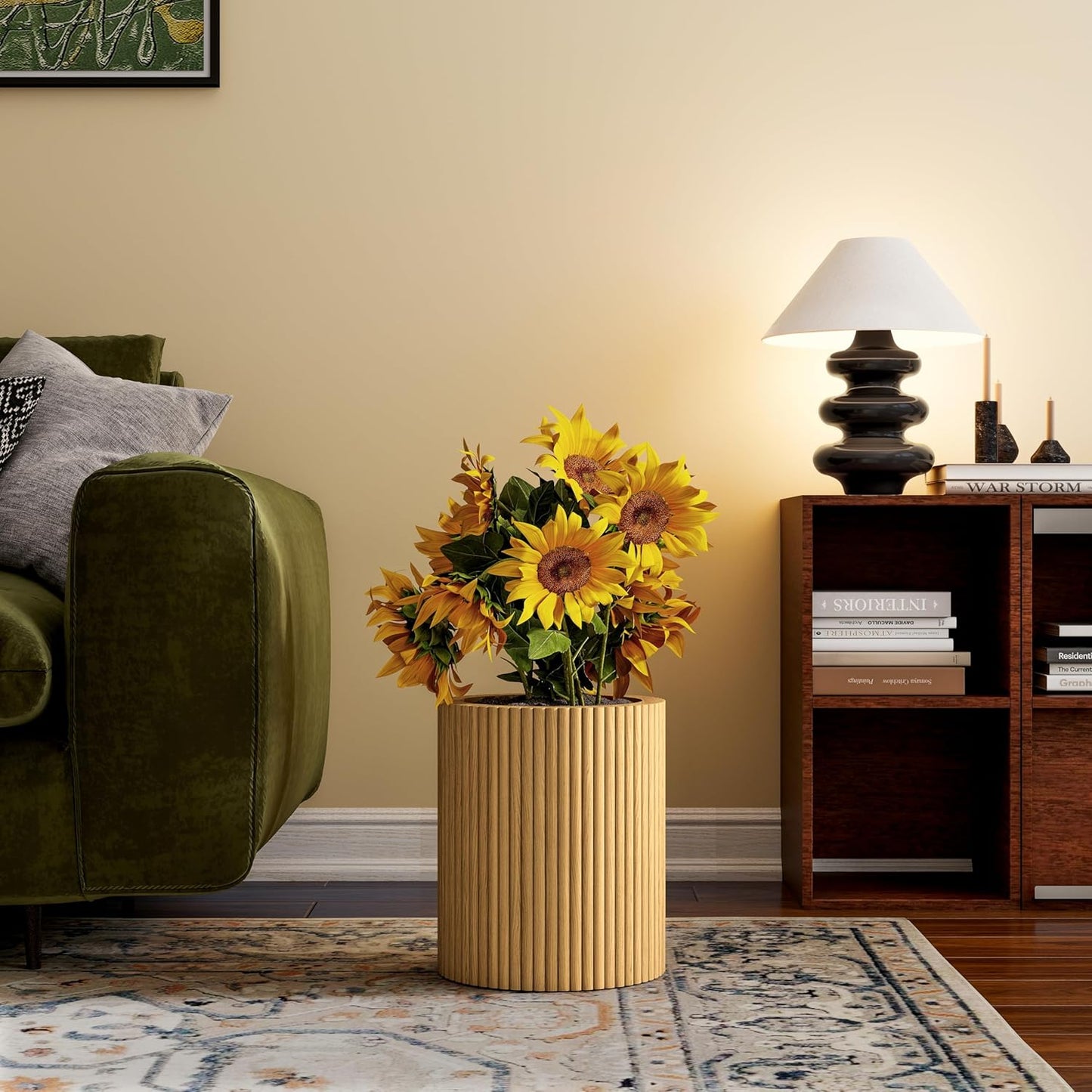 SHYFOY Fluted Wooden Round Indoor Outdoor Planters, Cylinder Decorativ