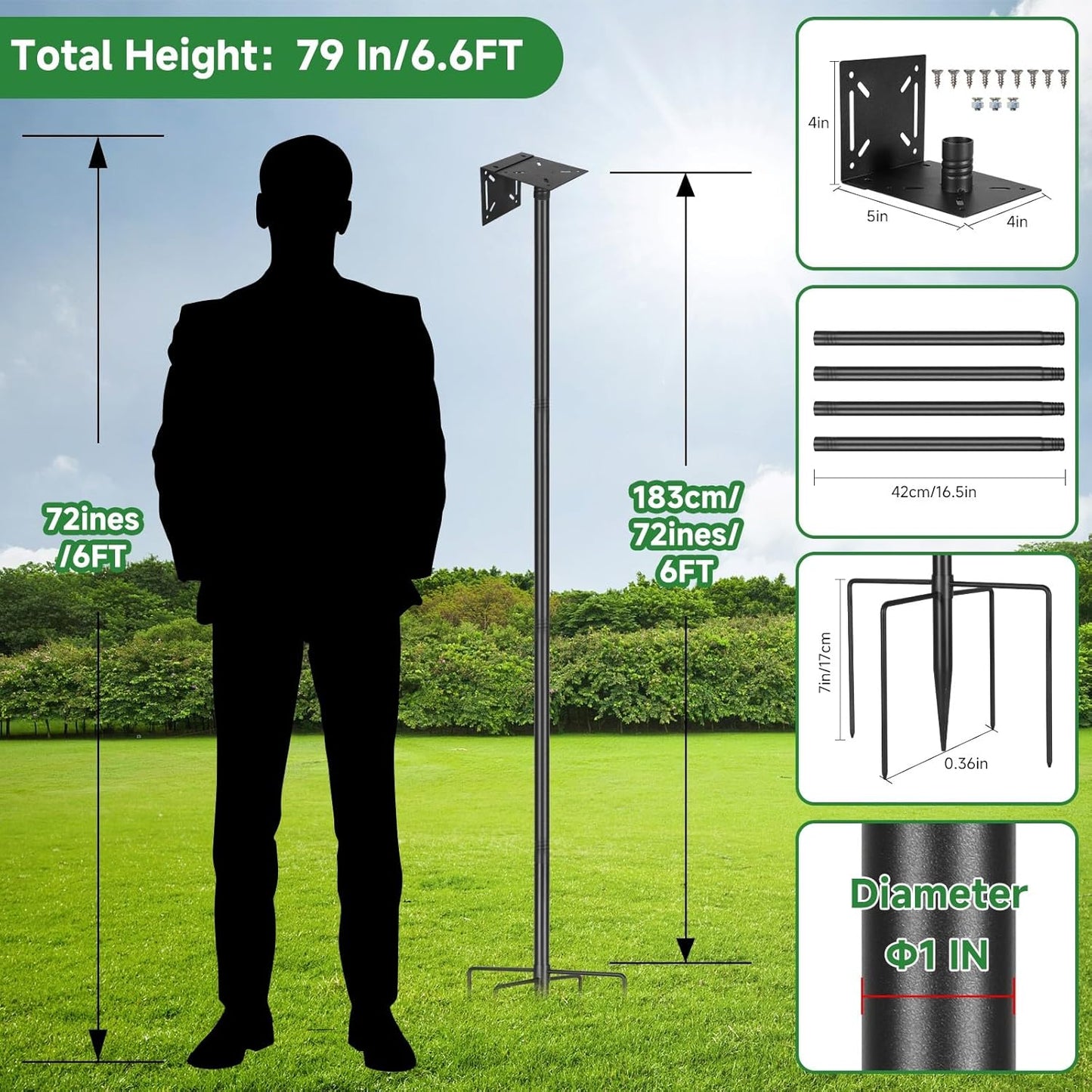 Smart Bird Feeder Pole Stand 79In,Adjustable Height Metal Bird House Pole for Outdoor Garden with Multiple Mounting Options Round Squirrel Baffle High 79in (79'' Pole)