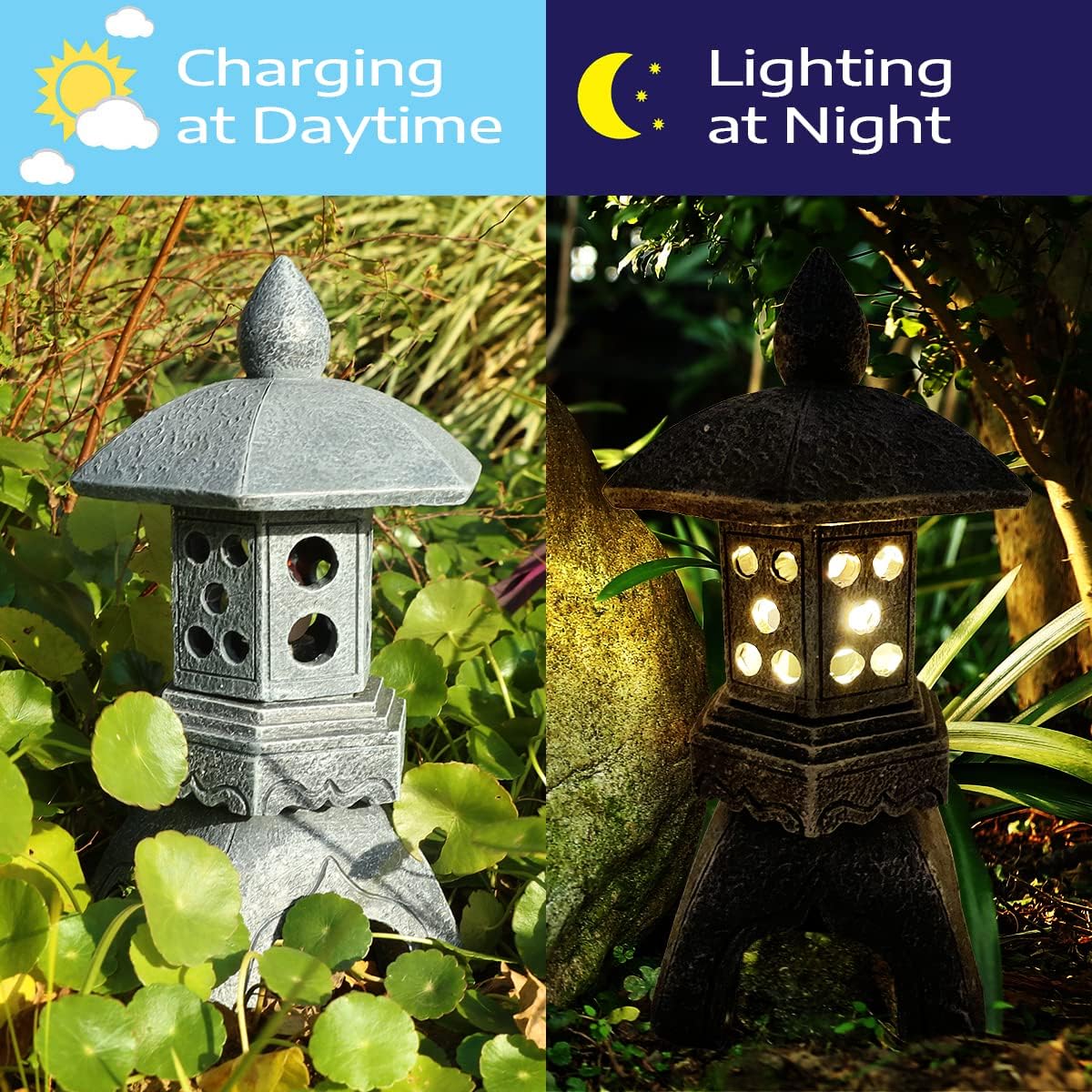 Pagoda Lantern Garden Statue with Solar Lotus Lights, Large Resin Japanese Temple Pagoda Lamp Asian Zen Outdoor Yard Decor for Landscape Patio Porch Lawn Decorations, Christmas Ornament Gift