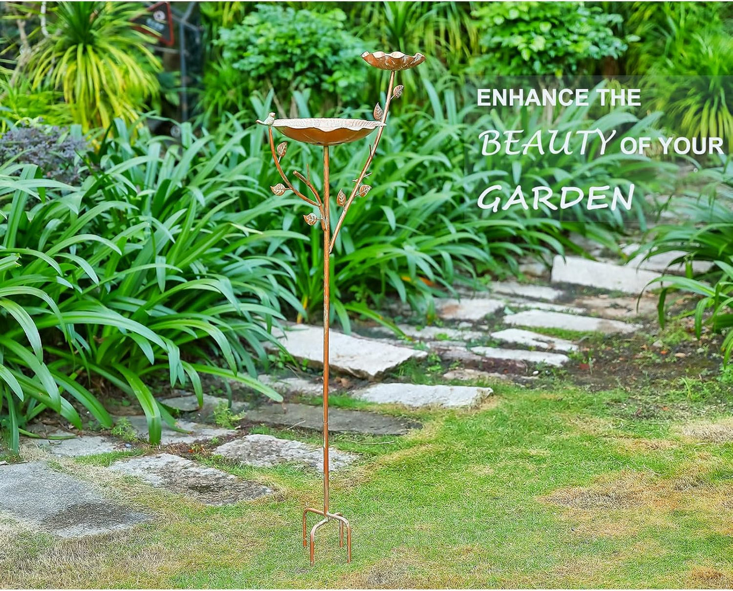 54" H Free Standing Bird Bath with Stake ， Iron Birdbath Bowl & Feeder