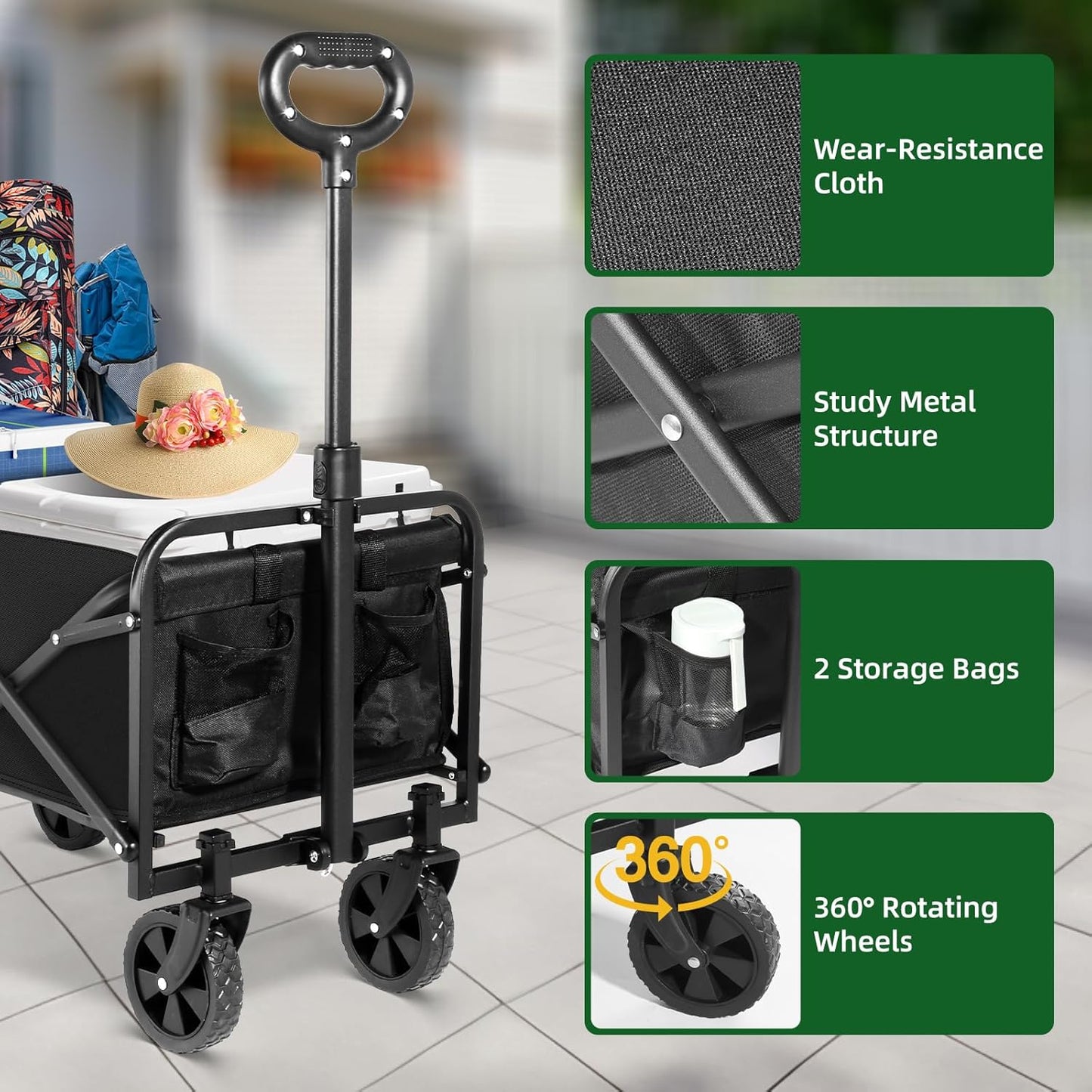 Collapsible Wagon Cart Foldable, Utility Pull Wagon, Portable Camp Garden Cart for Grocery, Camping, Shopping, Sports, Garden with Large Capacity