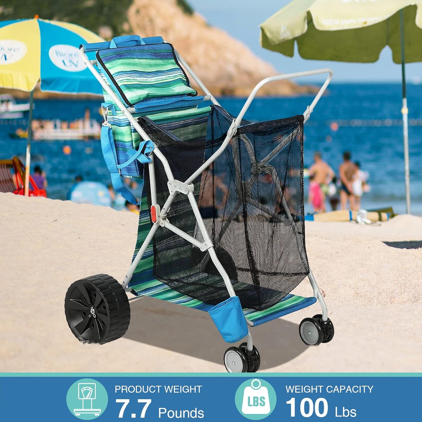 Beach Cart with Big Wheels for Sand, Collapsible All-Terrain Beach Wagon with Cooler Bag & Umbrella Holder, Large Mesh Storage, Supports 100lbs for Camping, Outdoor, Shopping, Dark Blue Stripes