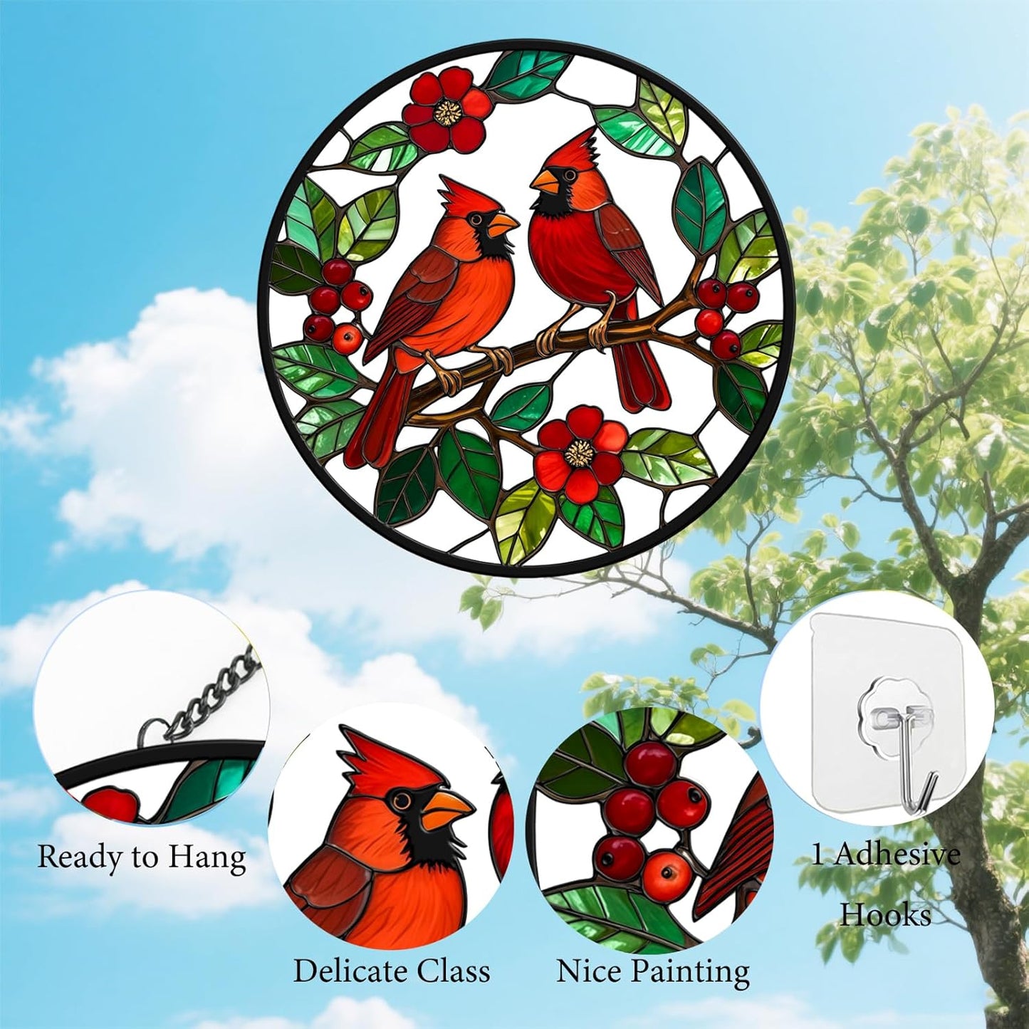 Stained Glass Window Hanging, 8'' Cardinal Suncatcher Stain Glass for Windows Hanging, Hand Painted Sun Catchers Indoor Window, Gift for Women, for Birds Lovers