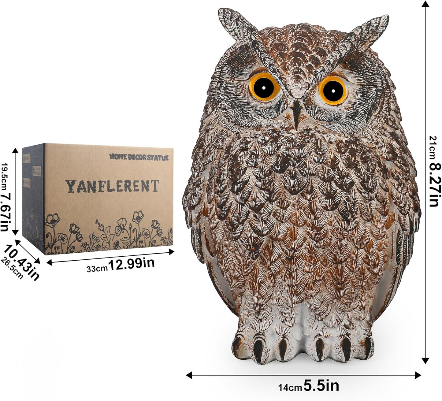 8.3" Realistic Owl Statue for Indoor & Outdoor Decoration, Effective Birds Deterrent for Garden, Patio, Yard, Fake Owl Suitable for Home Decor (Brown)