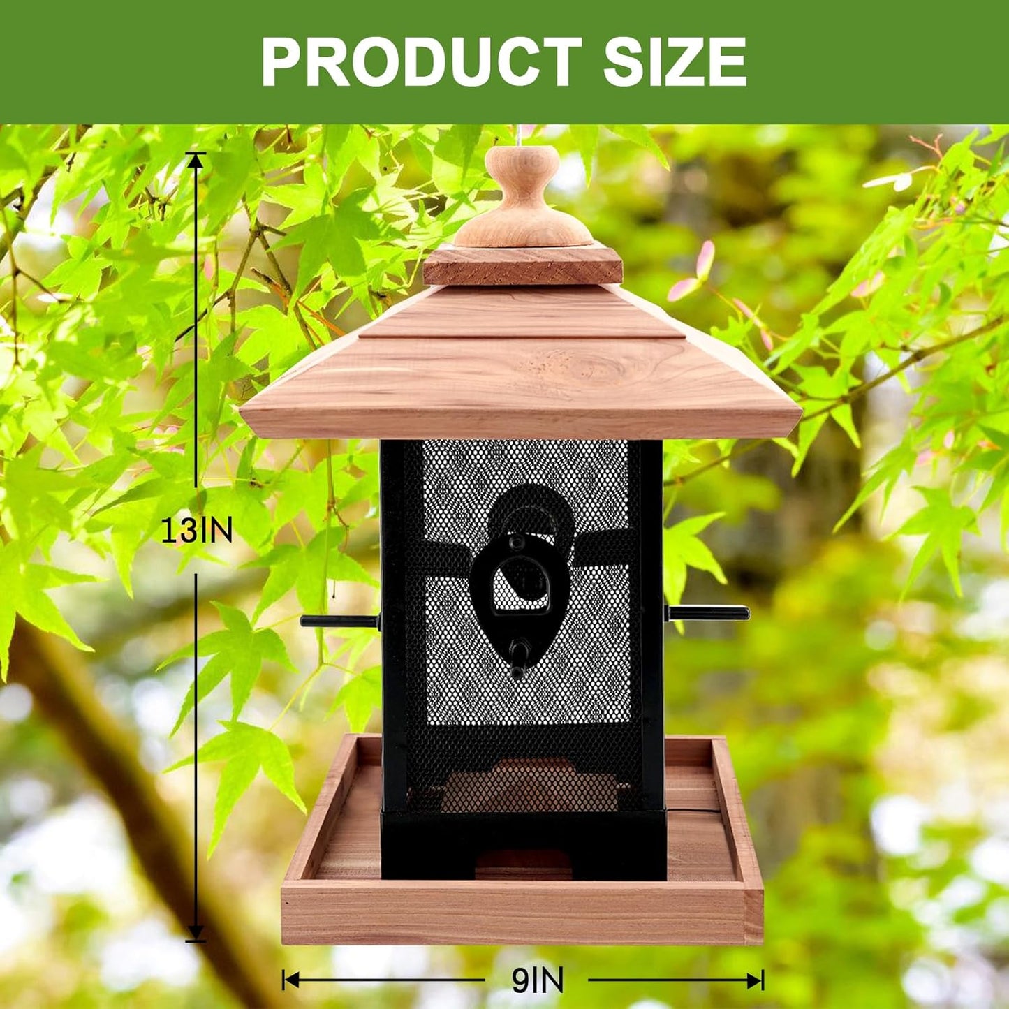 Cedar & Metal Mesh Bird Feeder for Outdoors Hanging Mount Large Capaci