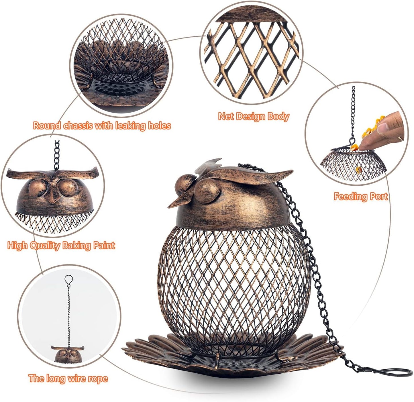 Outdoor Garden Wild Bird Feeder Hanging Bird Feeders, Heavy Duty Copper Metal Mesh Wild Finch Bird Feeder for Outside with Hook for Garden Yard Decor, Owl Shaped