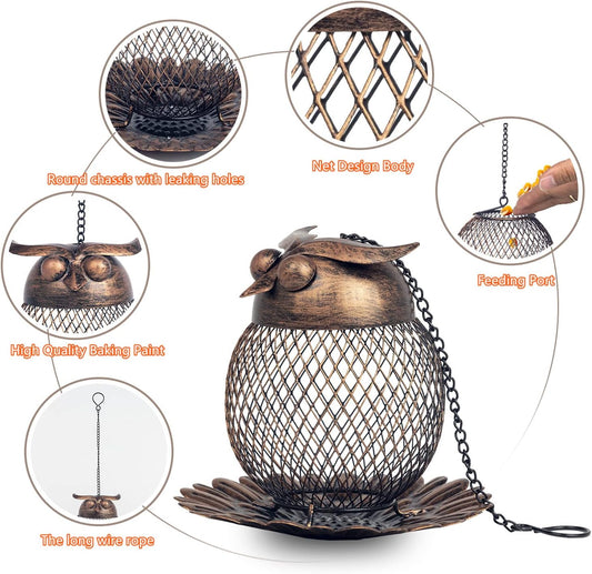 Outdoor Garden Wild Bird Feeder Hanging Bird Feeders, Heavy Duty Copper Metal Mesh Wild Finch Bird Feeder for Outside with Hook for Garden Yard Decor, Owl Shaped