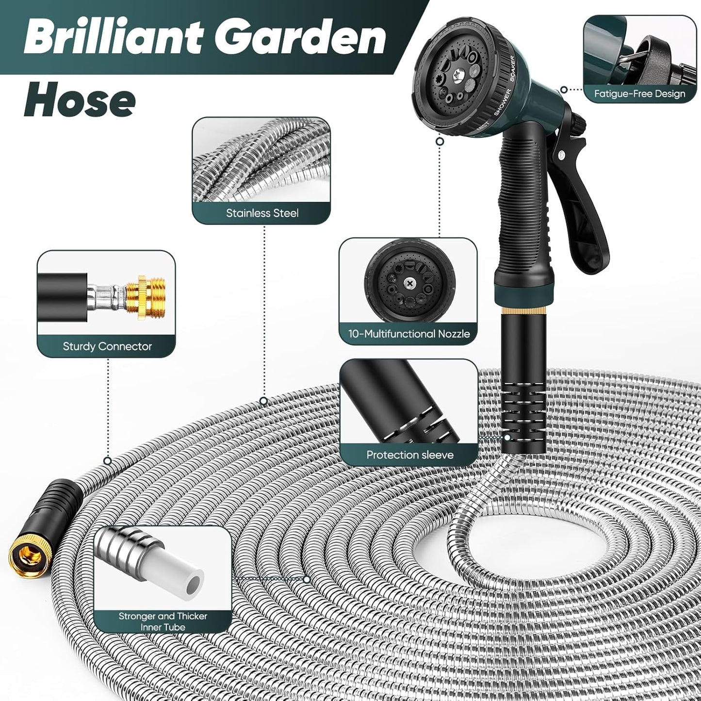 Garden Hose with 10-Function Nozzle, Leak-proof Metal Connector Hose, 