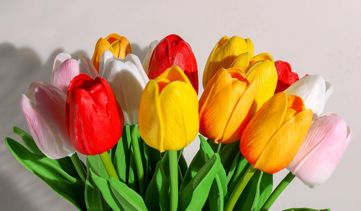 SITUMEIZI Fake Flowers Tulips Artificial Flower 15pcs Real Touch PU 14" for Spring Easter Home Kitchen Wedding Bouquet Bulk Mother's Gift Day Decorations(Assorted Colors,5)
