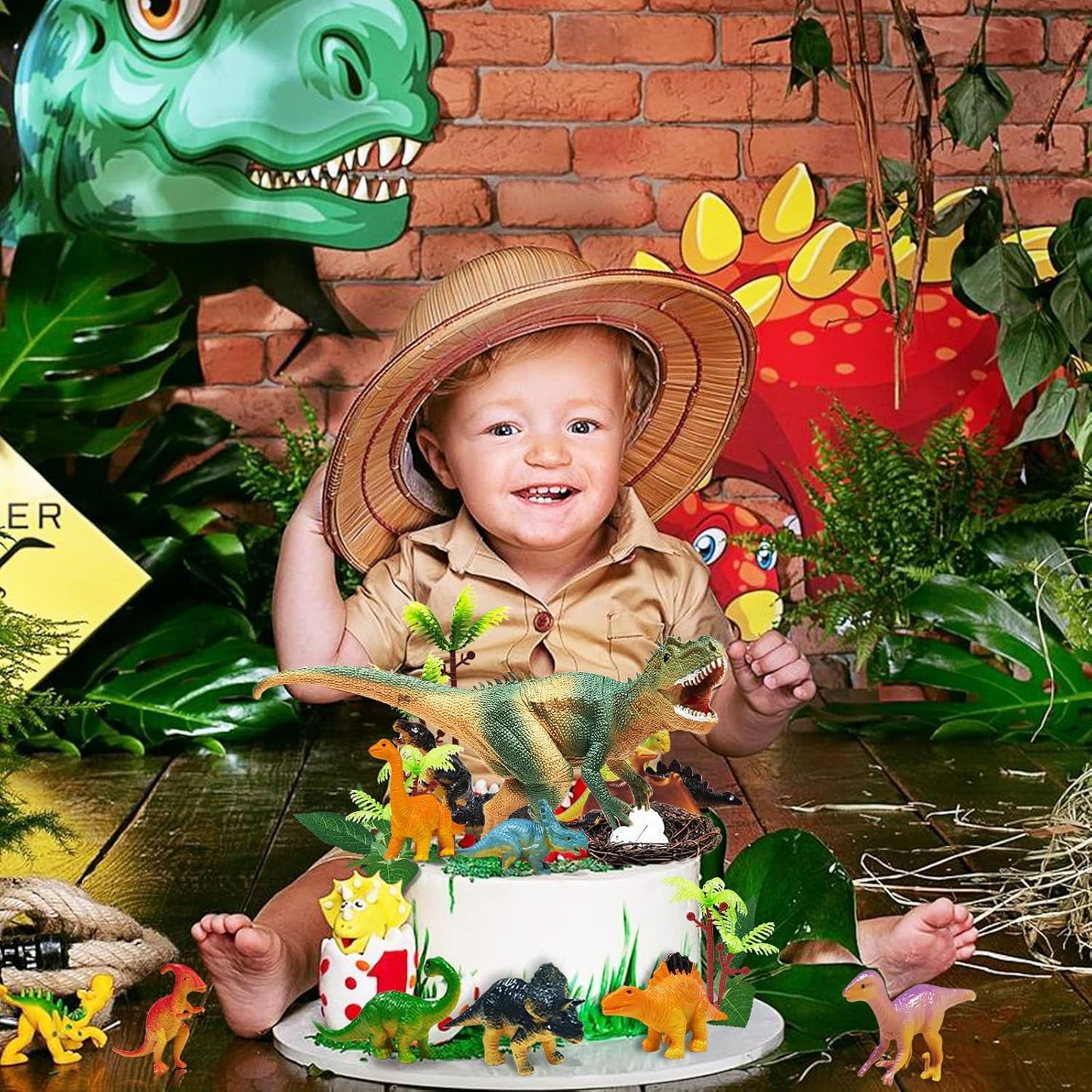 26 PCS Dinosaur Cake Toppers With Dinosaur Eggs Leaves Trees Cake Deco