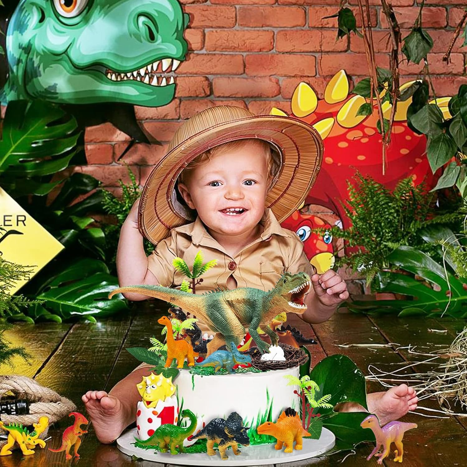26 PCS Dinosaur Cake Toppers With Dinosaur Eggs Leaves Trees Cake Deco
