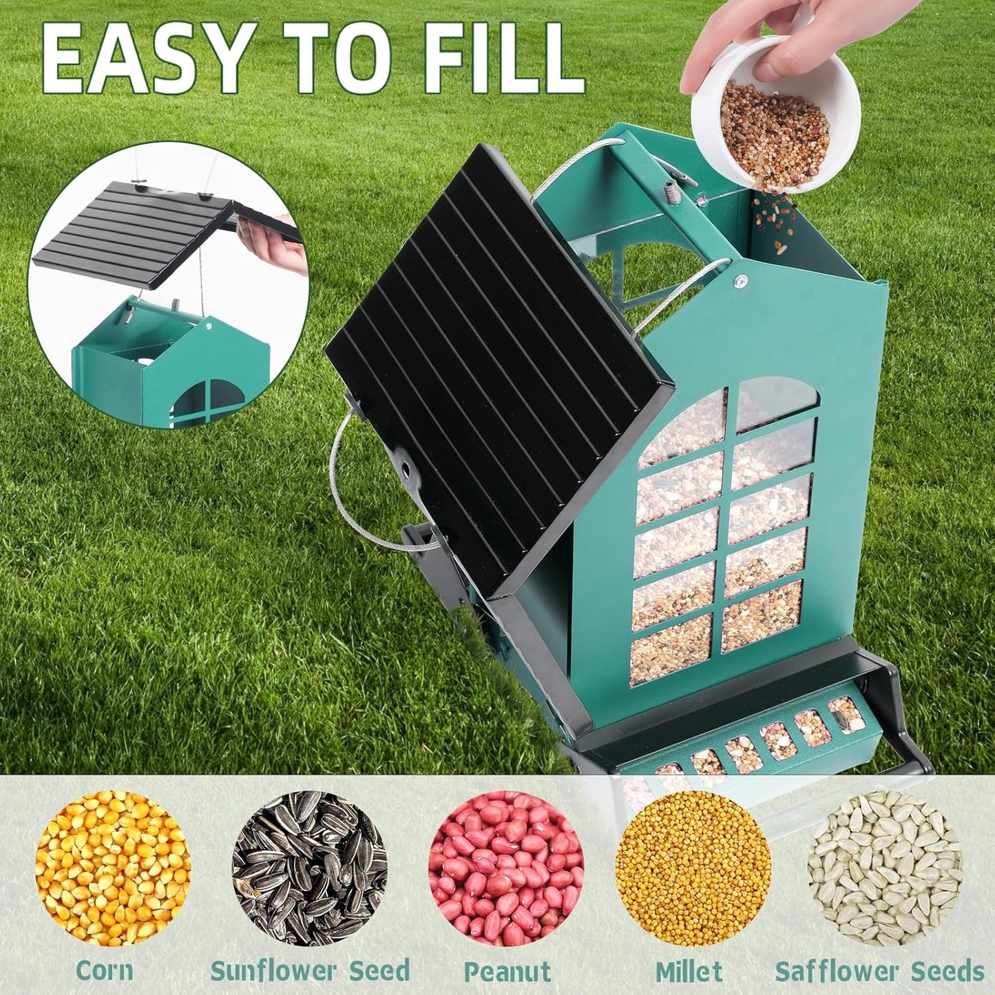 2026 Squirrel Proof Bird Feeder for Outdoors Hanging, 8LBS Metal Hanging Bird Feeder with Bilateral Weight-Activated Perches, Large Capacity Wild Bird Feeder - Squirrel Chewing Proof（Green）