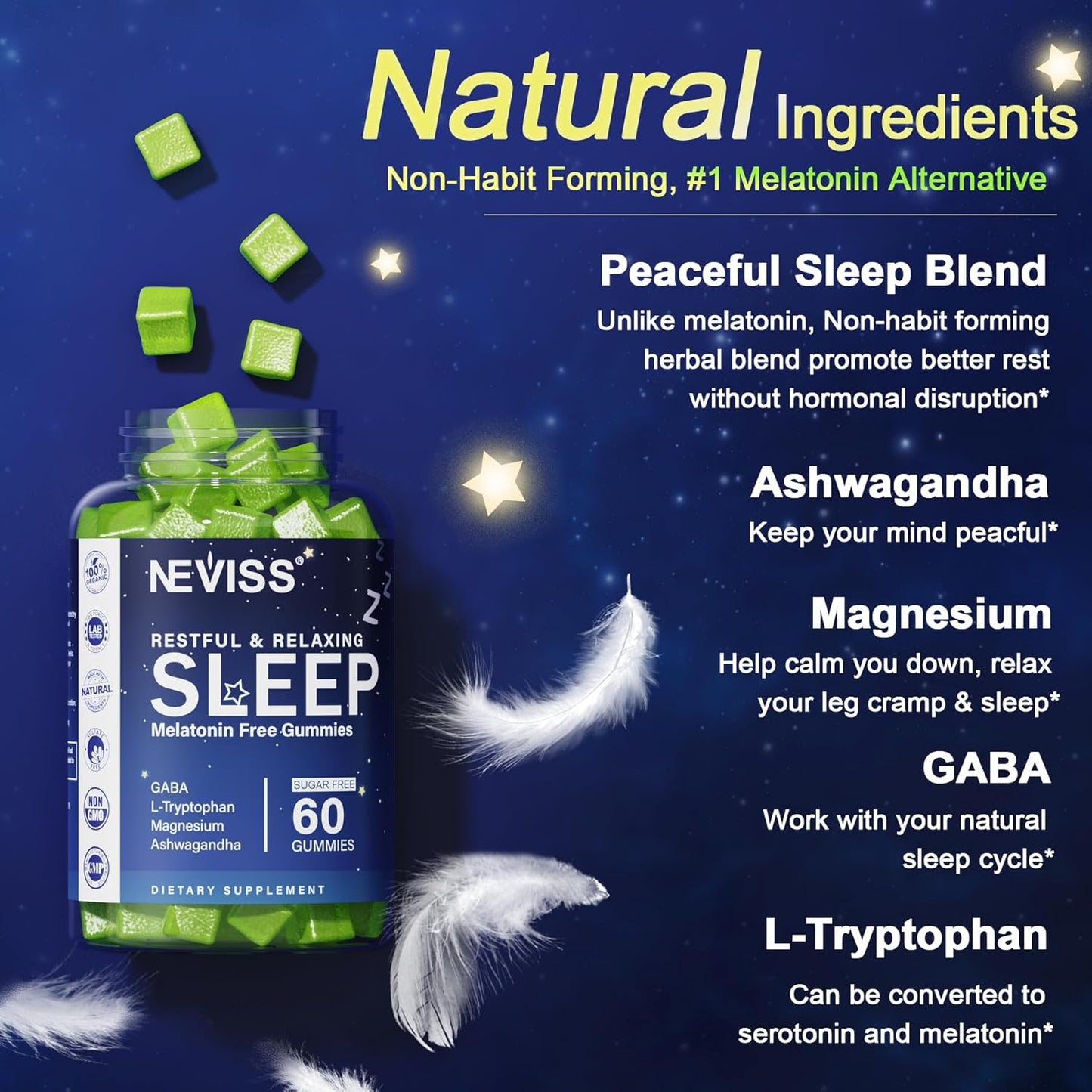 NEVISS Melatonin Free Sleep Aid Gummies for Adults - Magnesium Glycina