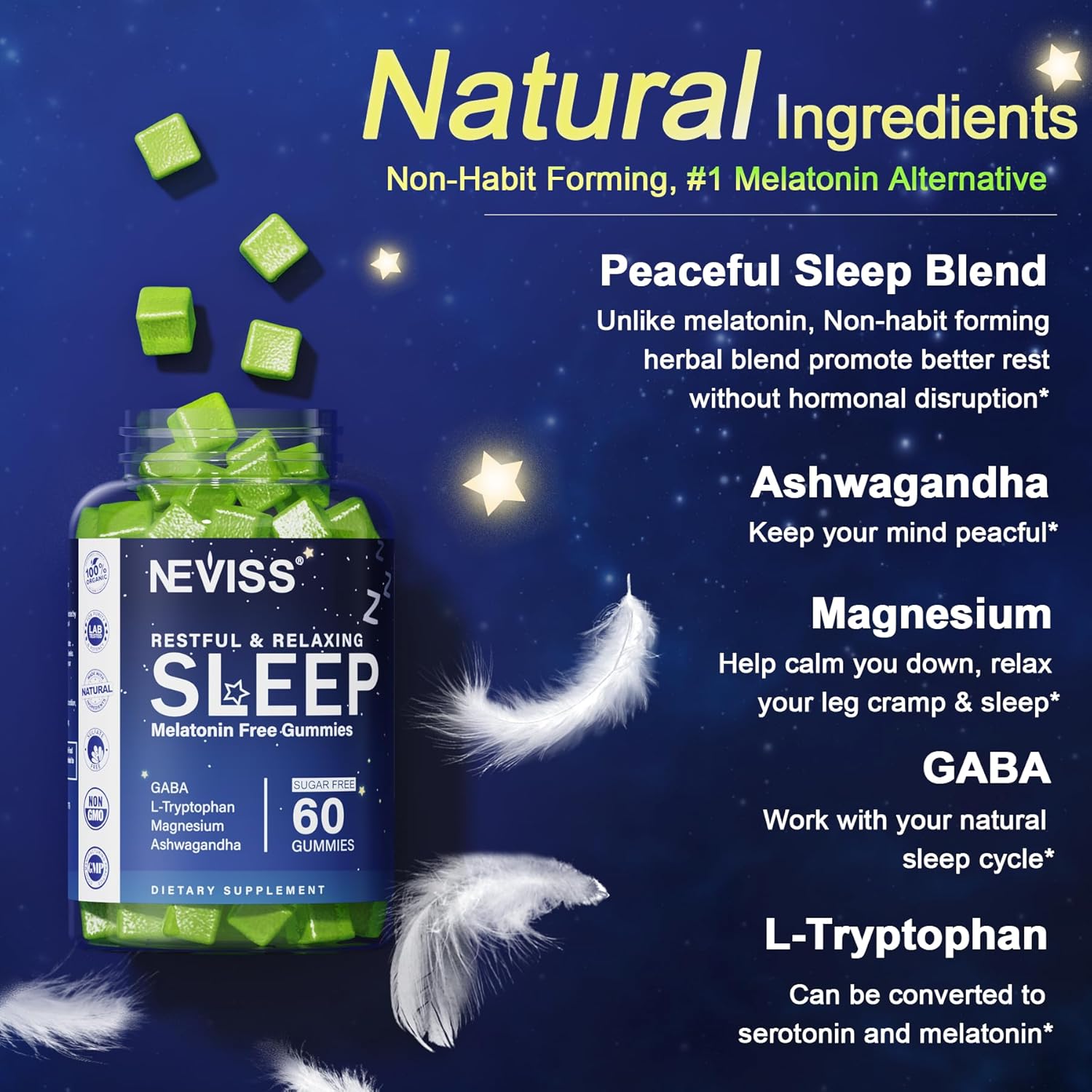 NEVISS Melatonin Free Sleep Aid Gummies for Adults - Magnesium Glycina