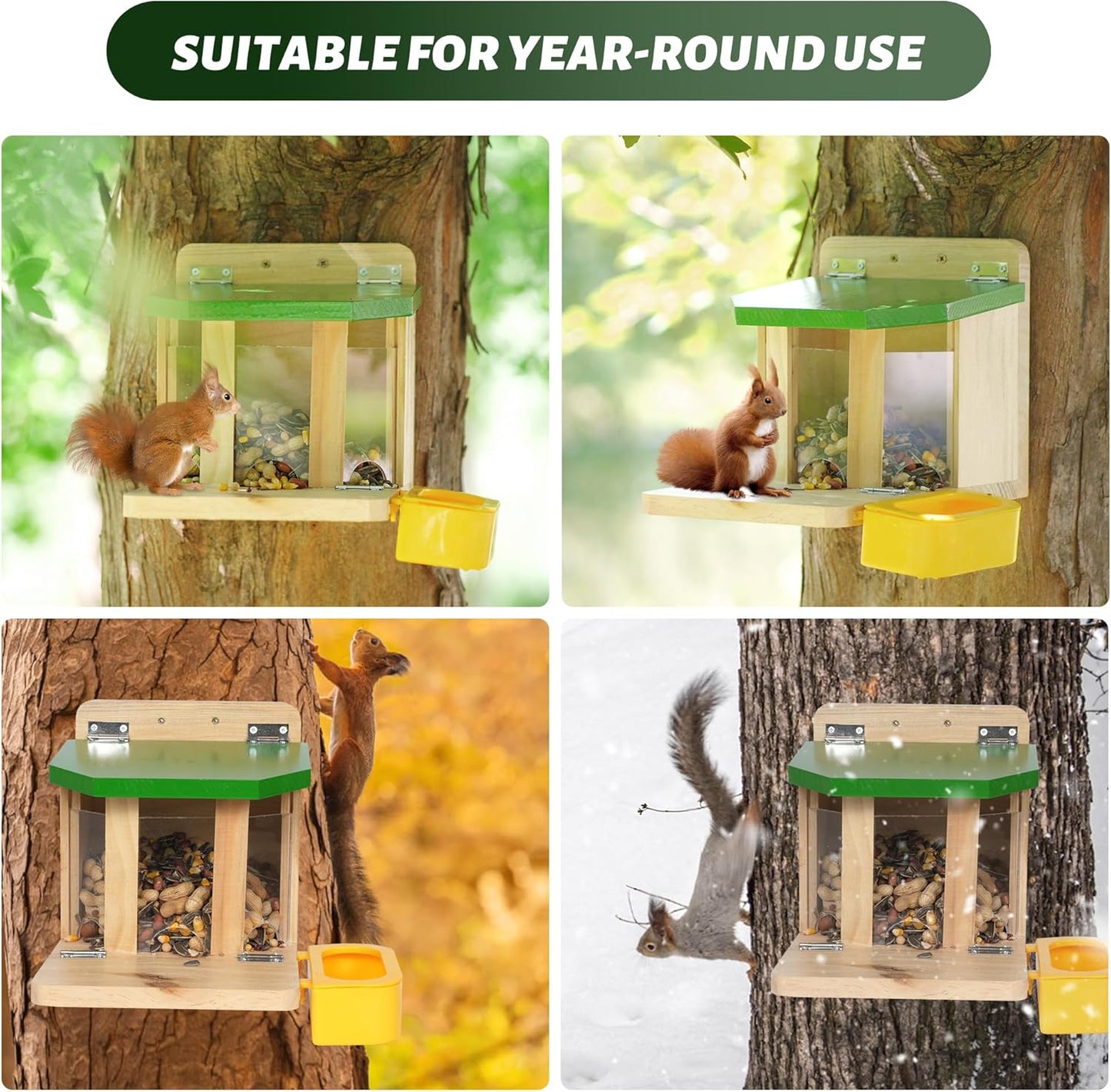 MIXXIDEA Wooden Squirrel Feeders for Outside with Water Bowl, Large Ca