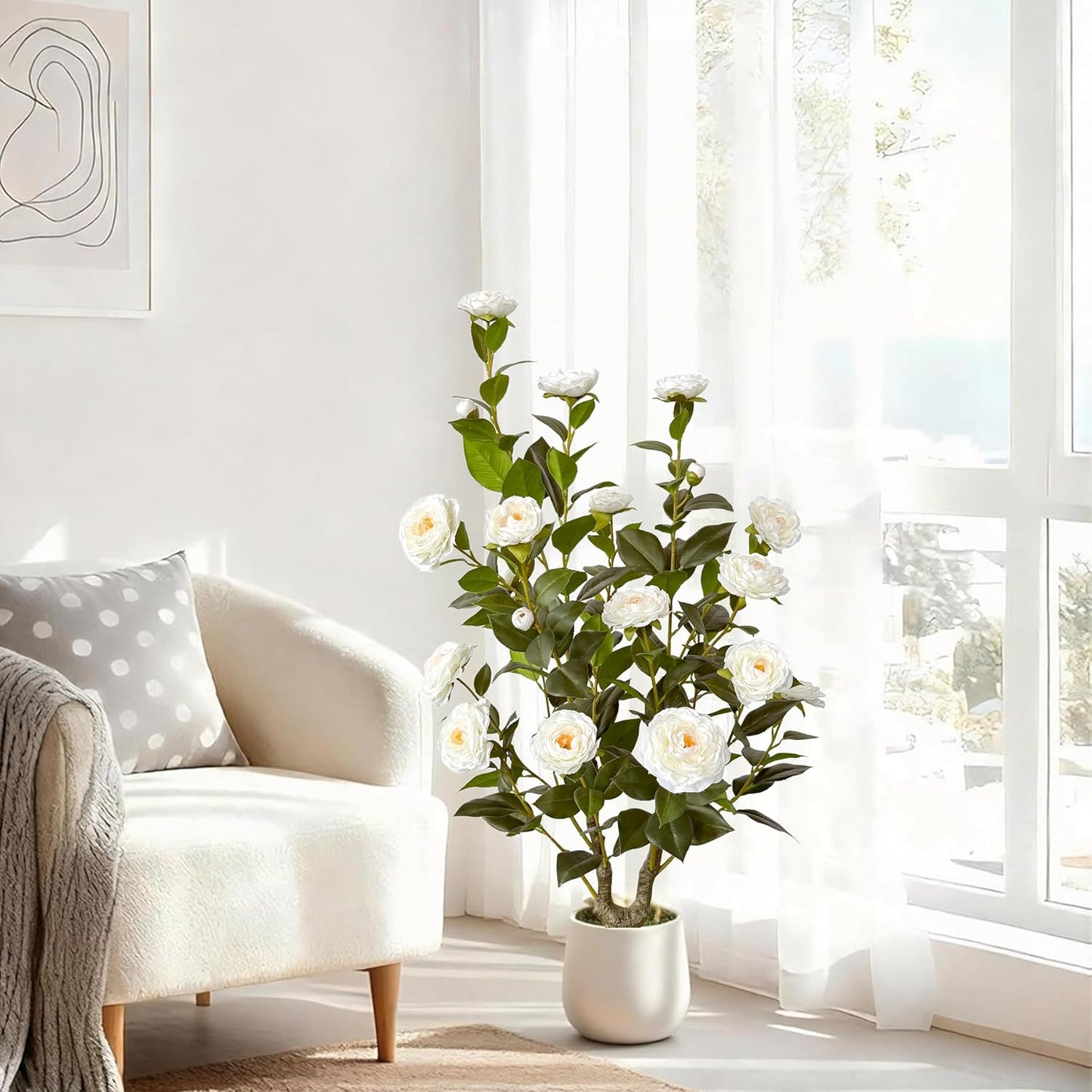 2pcs Artificial Camellia Tree 38 inch, Faux Plants Outdoor Artificial Flowers, White Tree with Planter Pot & 24 Flowers, for Home Indoor or Outdoor Decor