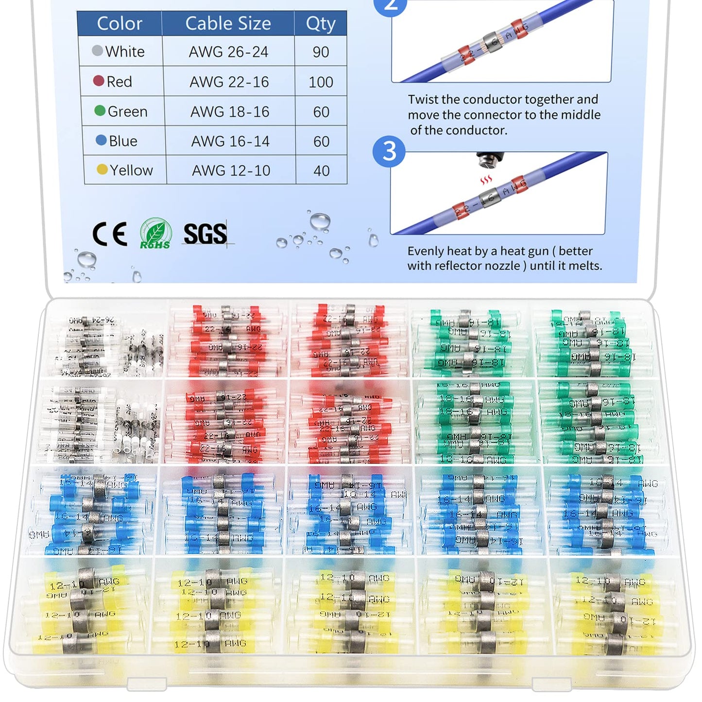 350 Pcs Solder Seal Wire Connectors Heat Shrink Butt Connectors Kit Ma