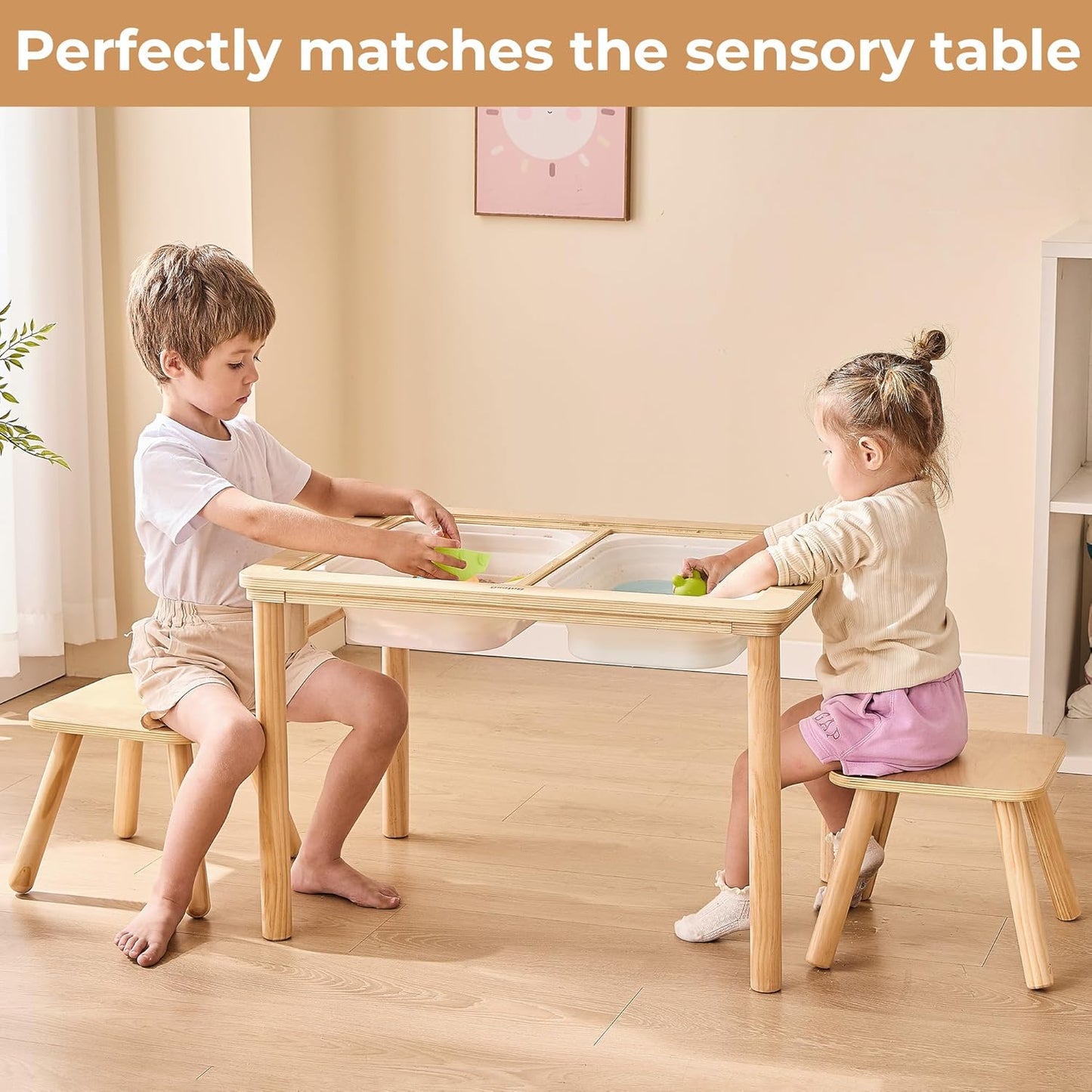 Step Stool for Kids, Wooden Toddler Step Stool Fits with Sensory Table, Sturdy Sitting Stool with Four Detachable & Assembled Legs for Bathroom Sink, Kitchen, Bedroom, Plant Stand