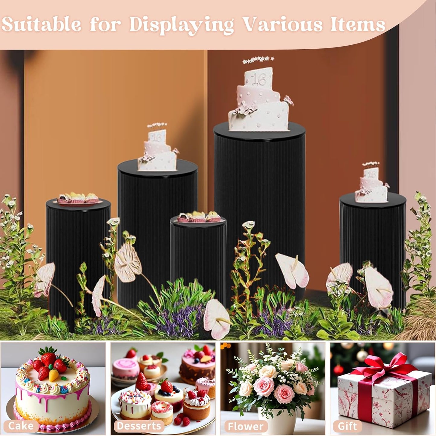 Fivenl 5 Pcs Metal Pleated Cylinder Pedestal Stands for Party, Heavy Duty Black Round Cake Pedestal Stand Flower Plant Display Plinth Pillars for Wedding Birthday Event Decor (Black)