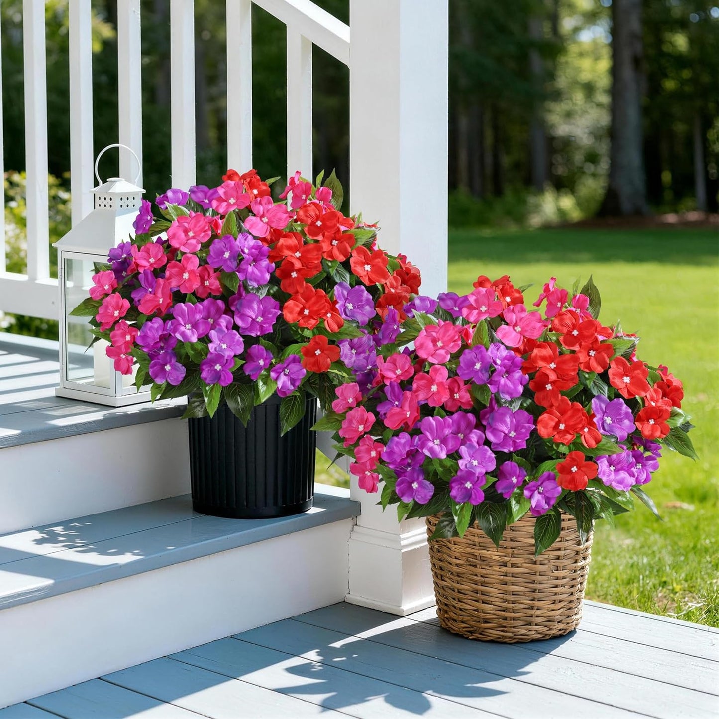 12 Bundles Artificial Impatiens Flowers for Outdoors 20'' Fake Potted Flower 2 Set Quality UV Resistant Realistic Silk Faux Flowers for Outside Balcony Garden Window Box, White