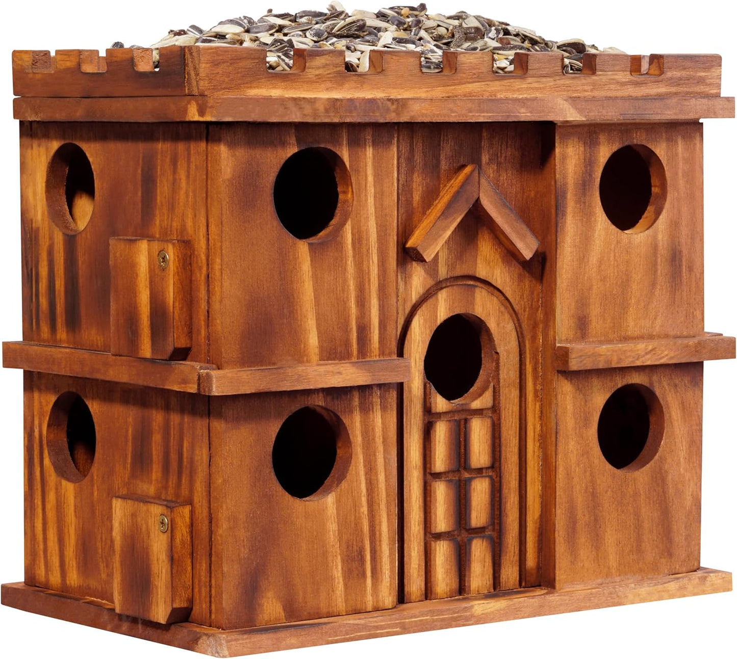 MIXUMON Wooden Bird Houses for Outside – 9 Rooms Large Bird House, Carbonized Pine Rustic Finish, 1.5" Entrance Holes, Cleaning Doors, Outdoor Birdhouse Nesting Box (Rustic, 9 Rooms)