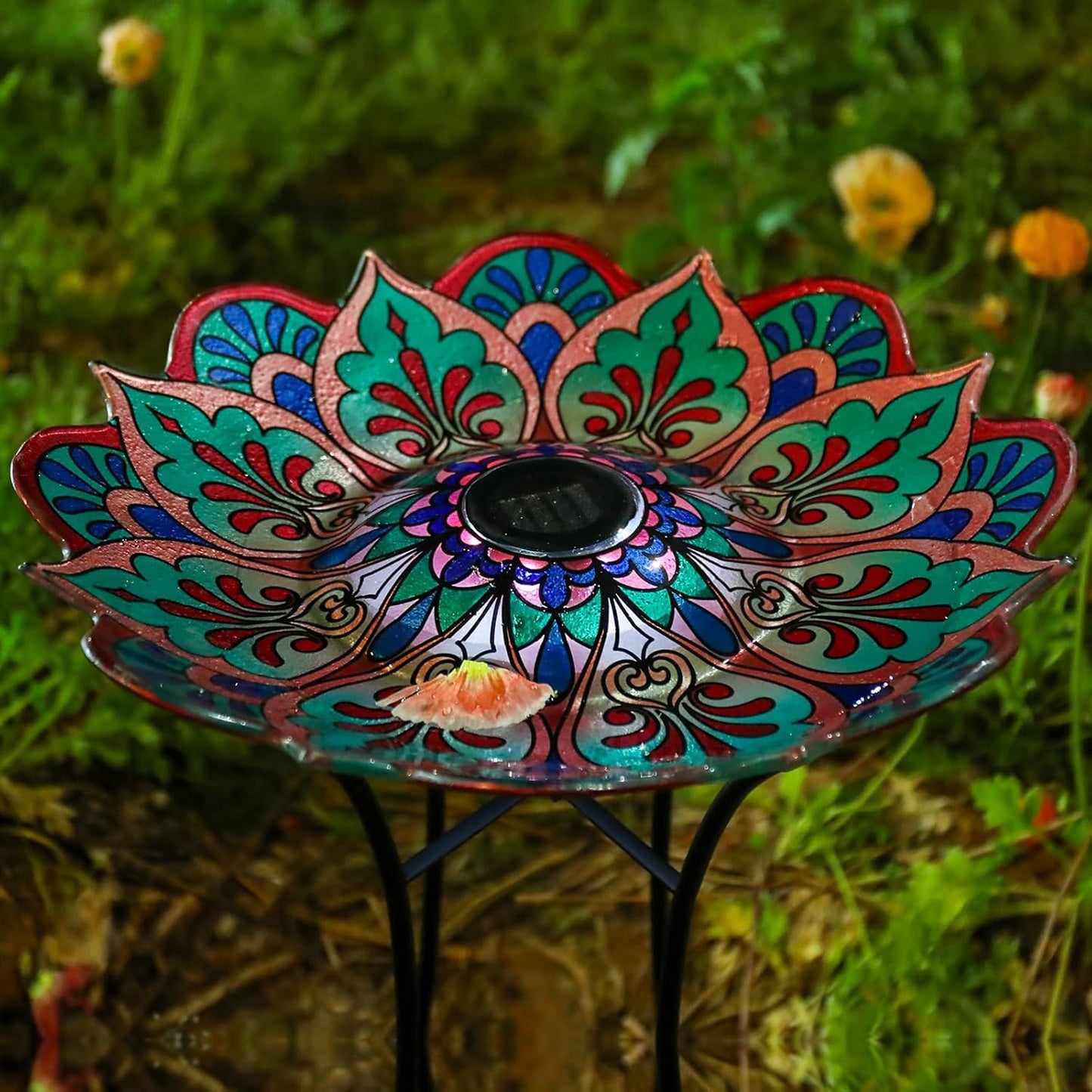 DREAM GARDEN Bird Bath for Outside, Glass Solar Birdbath with Foldable Metal Stand for Garden Yard Patio Lawn Decor, 21 Inch Height