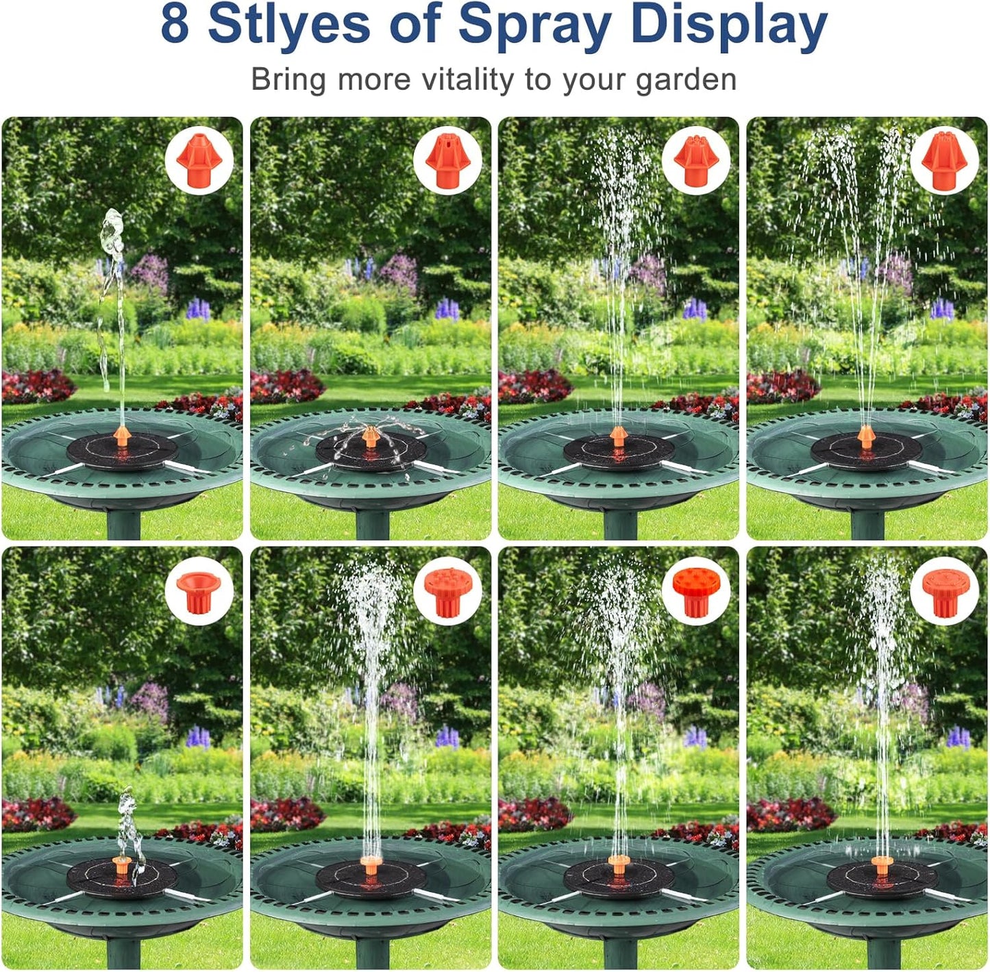 3.5W Solar Fountain, Upgrade Solar Water Fountain Pump Outdoor,Solar Bird Bath Fountains with 4 Fixed Rods & 8 Orange Nozzles for Bird Bath, Garden, Pond, Pool