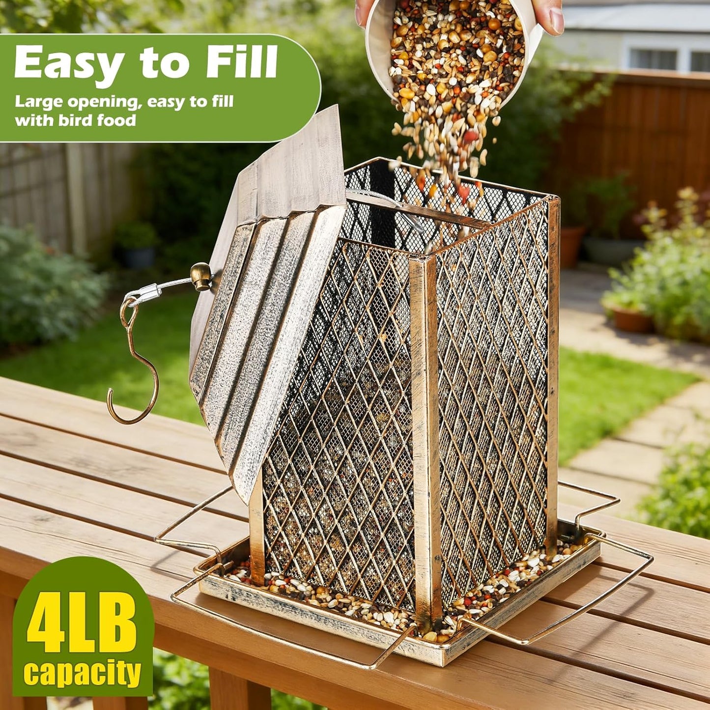 Bird Feeder, Heavy Duty Metal Bird Feeders for Outdoor Hanging, Large Capacity Wild Birdfeeder Lantern Shape Hold 4 LB Seed, Easy to Fill