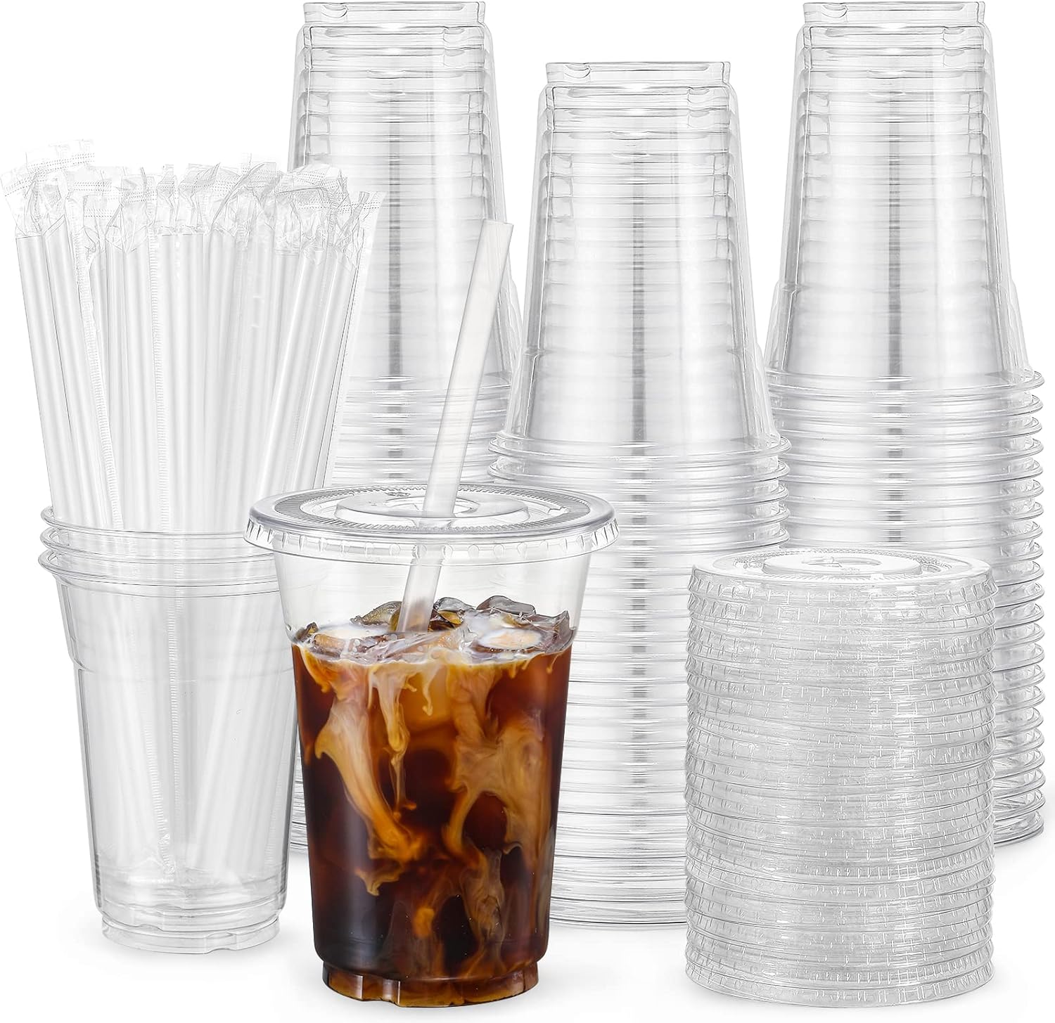 VITEVER [100 Sets - 16oz] Clear Plastic Cups with Lids and Straws, Dis