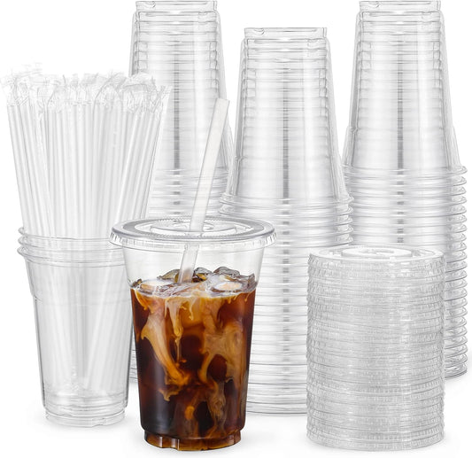 VITEVER [100 Sets - 16oz] Clear Plastic Cups with Lids and Straws, Dis
