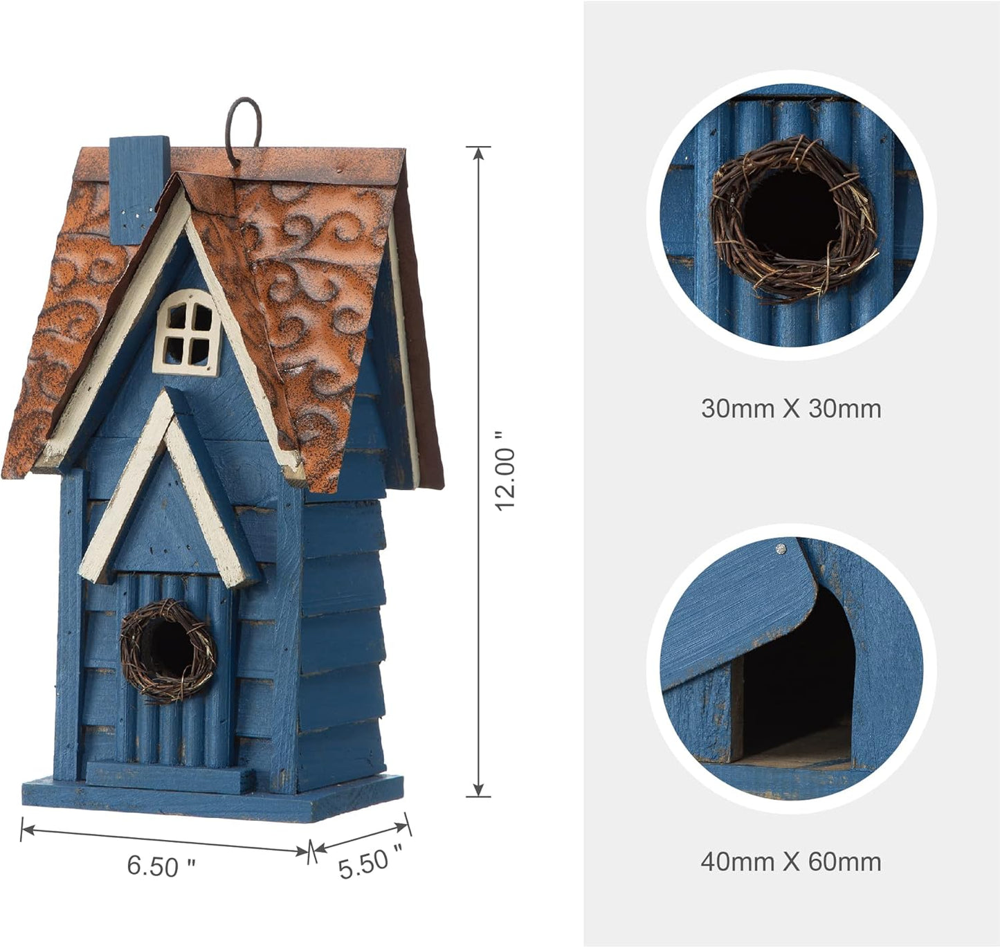 Glitzhome 12" H Hanging Birdhouse Retro Blue Distressed Wooden Cottage Garden Bird House for Outside