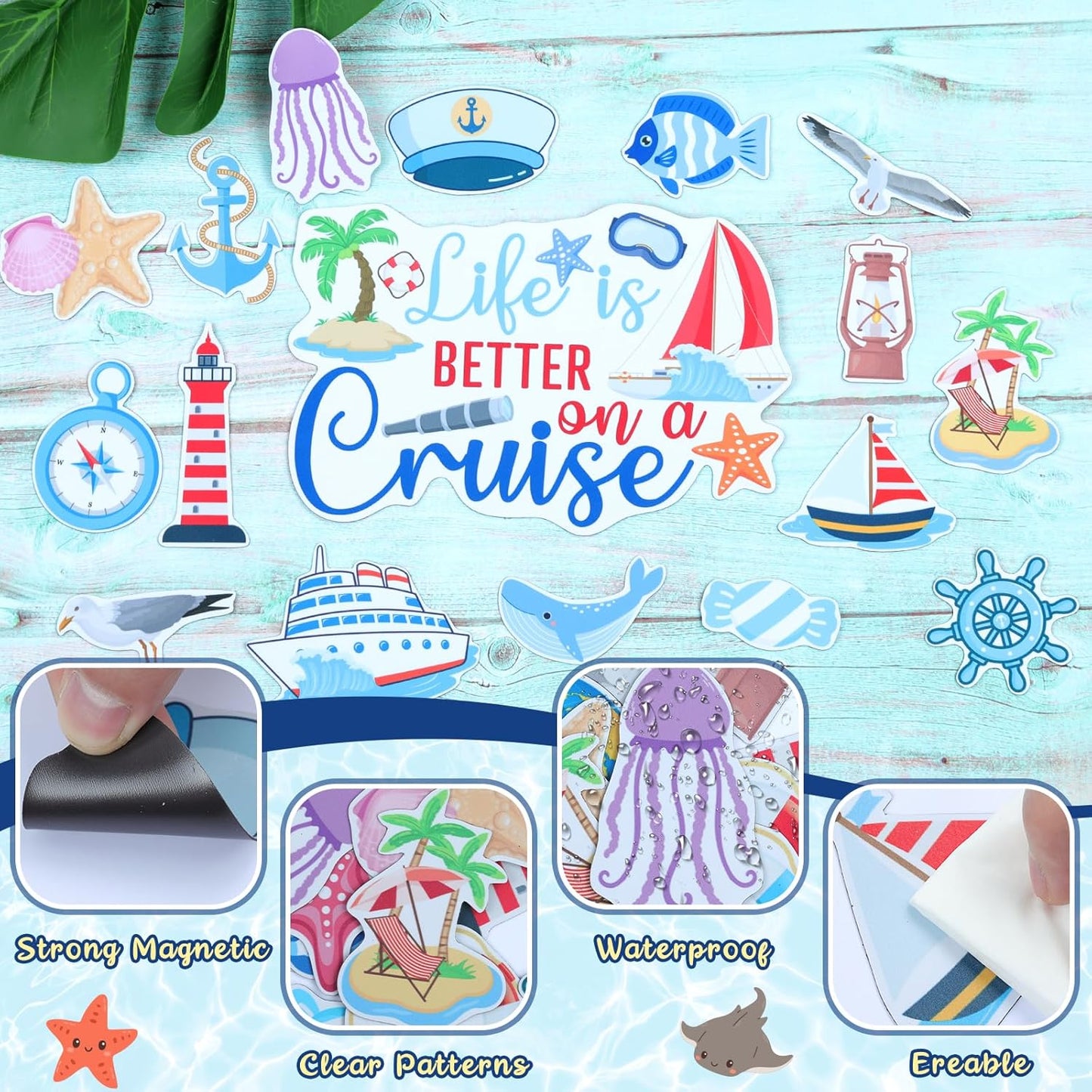 27PCS Cruise Door Decorations Magnetic, Large Nautical Ship Magnets Reusable Funny Carnival Cruise Cabin Magnets Stickers for Door Decorations Fridge Car Computer