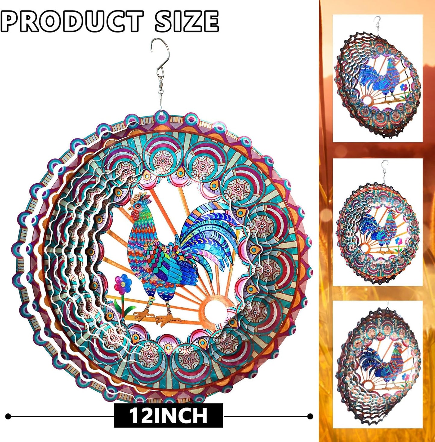 Rooster Kinetic Wind Spinner - 12-Inch 3D Holographic Metal Hanging Sculptures, Rustproof Outdoor Decor Garden Patio Decoration, Unique Gift for Chicken Lovers Mom Dad Men Women
