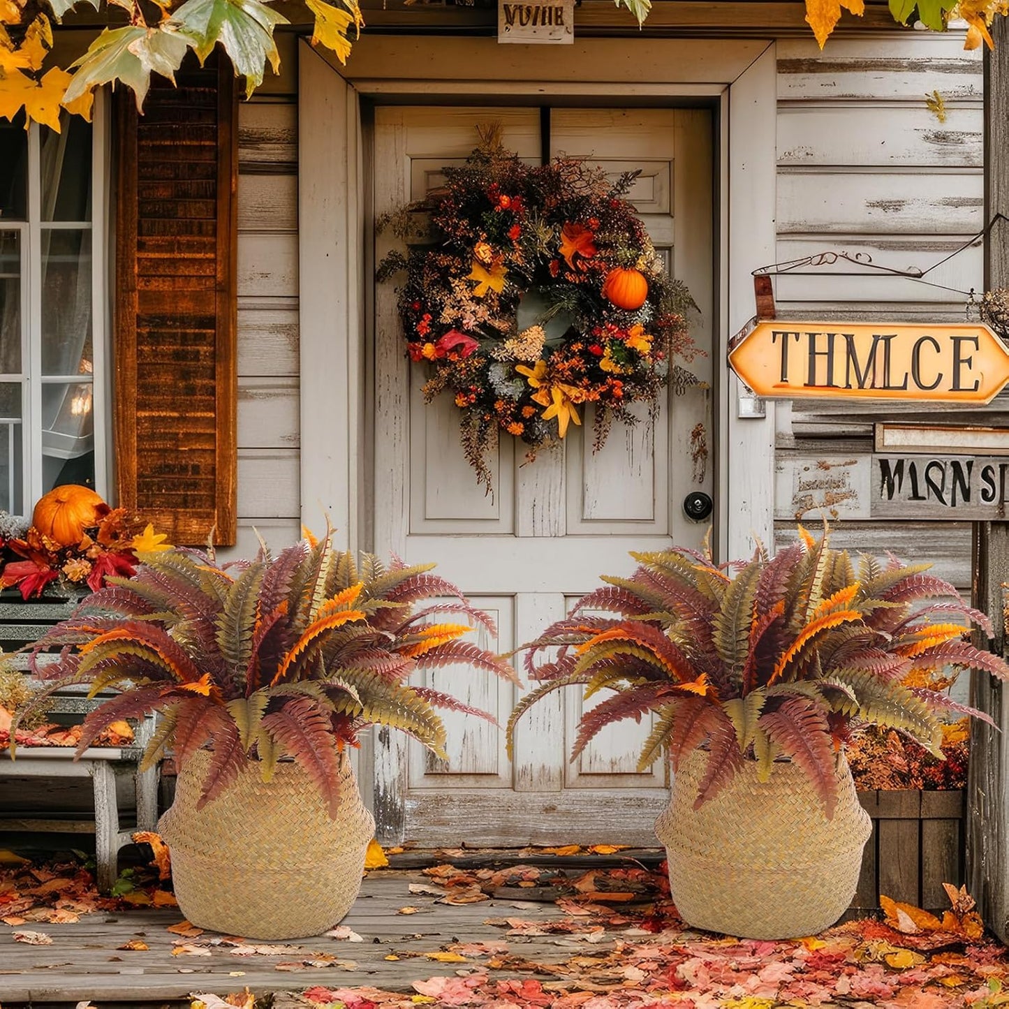 2 Pack 44'' Artificial Boston Fern Fall Porch Decor Hanging Plants Natural Indoor Outdoor Large Fake Ferns for Home, Garden, Thanksgiving, Autumn Decor