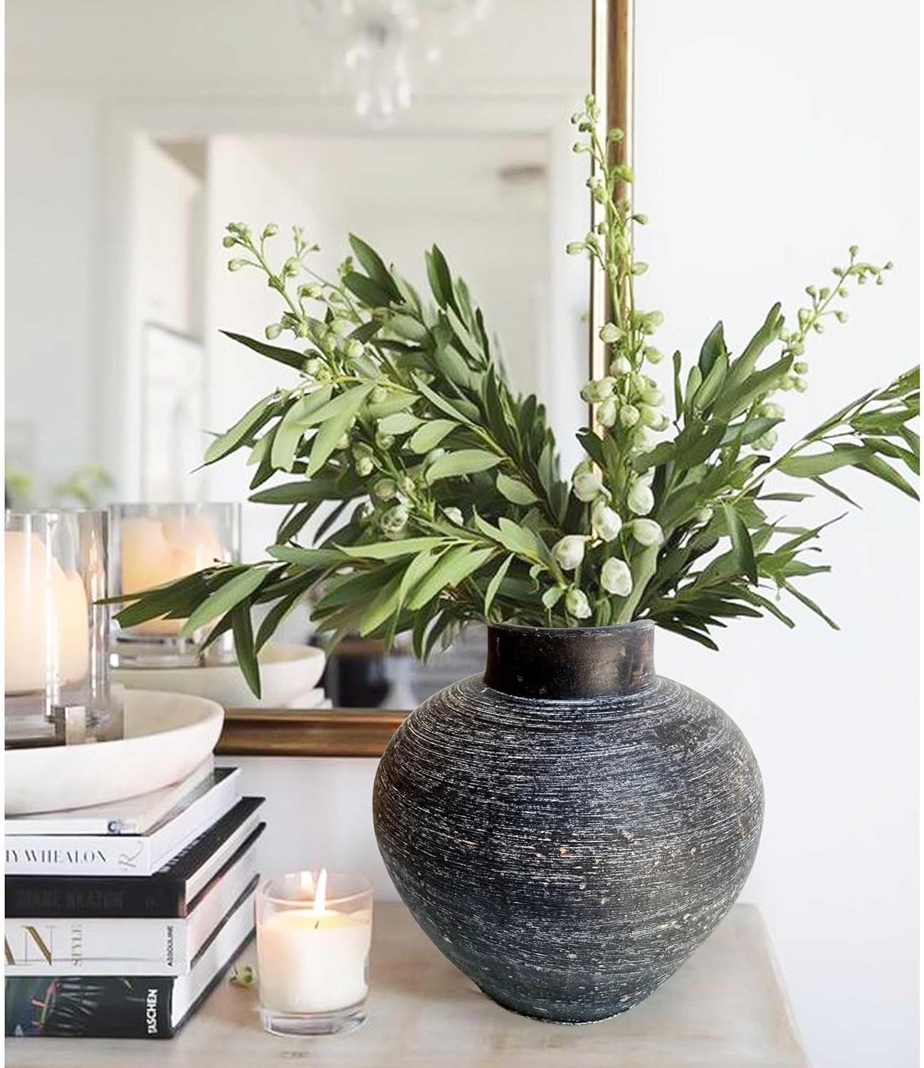 Handmade 10'' Black Rustic Clay Vase, Large Black Round Terracotta Vase, Stone Textured Farmhouse Pottery Pot