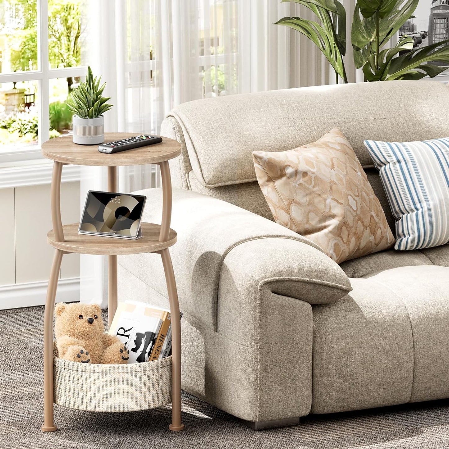 Small Side Table with Storage Basket, Space Saving Round End Table 3-Tier Bedside Corner Table for Living Room, Bedroom, Garden and More 11.81in Light Oak