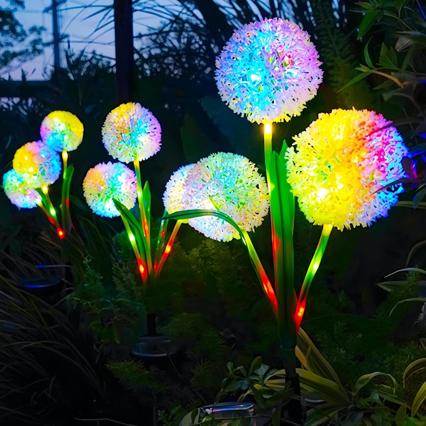 Dandelion Solar Garden Lights, 3-Head 2-Pack - Upgraded Outdoor Flower Lights, Color-Changing Waterproof Solar Outdoor Lights, Suitable for Pathways, Gardens, patios, backyards, Parties (Colored)